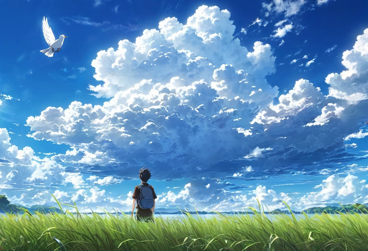 anime, anime landscape, Man watching the clouds, In the grassland, creative, Realist, White cloud, blue sky, Wonderful landscape, Man looking away from the camera, Wide Photography, Realistic grass, Flying Bird. The middle lake, The sky is reflected in the lake, student、youth、Hot summer sky、Raising his fist