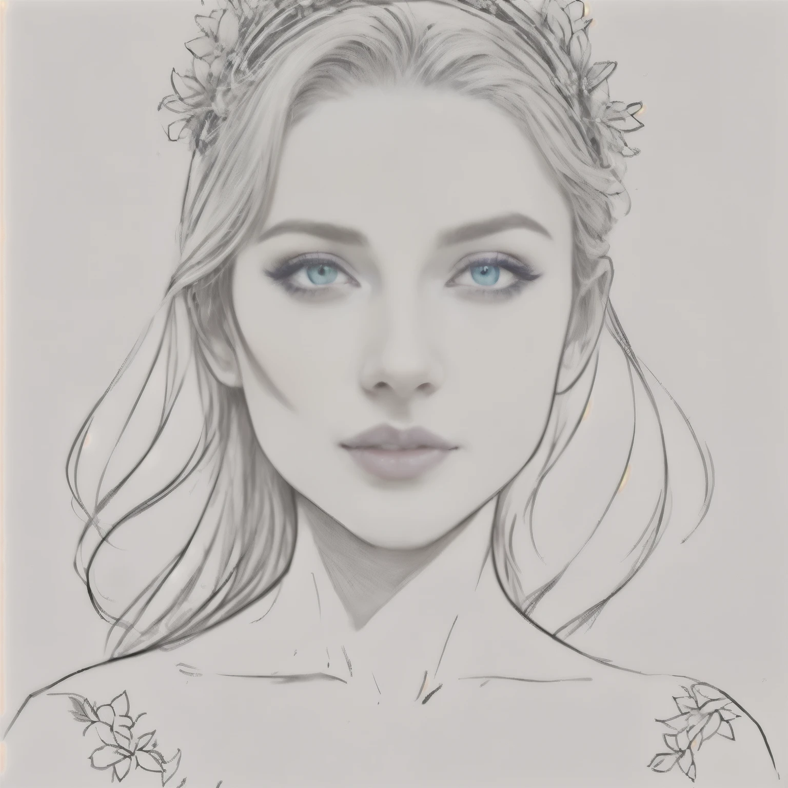 drawing of a woman with a flower crown on her head tattoo style, beautiful detailed body and face, detailed feminine face, detailed woman, a stunning portrait of a goddess, extremely detailed woman, beautiful detailed portrait, goddess. extreme hight detail, extremely detailed gorgeous face, extremely detailed goddess shot, intricate portrait drawing, intricate detailed face, portrait of a beautiful goddess