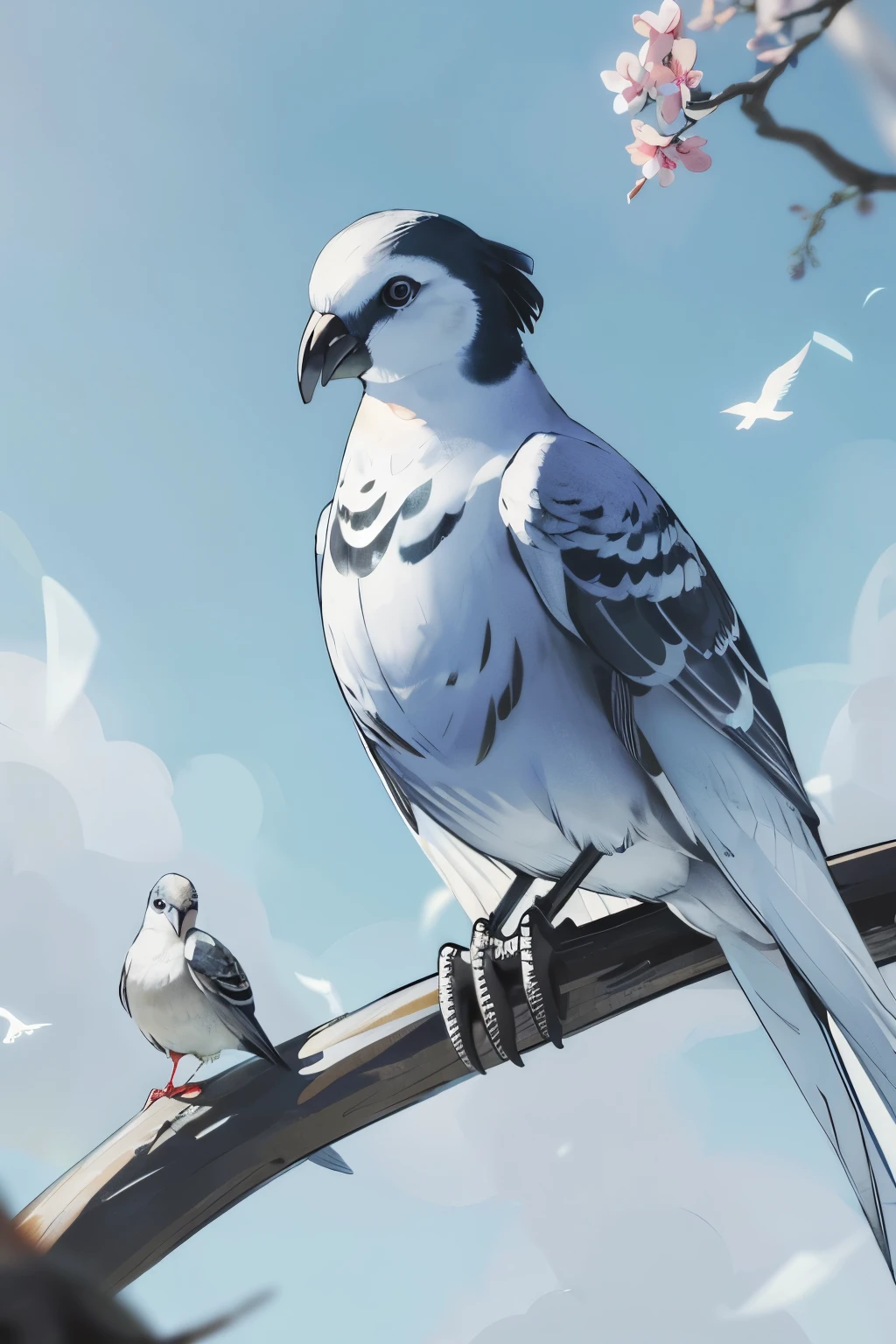 Carrier Pigeon: Perched atop a weathered perch, the carrier pigeon shows signs of exhaustion but determination in its piercing eyes. Its feathers are a mix of shades, ranging from dusty gray to glossy black, with iridescent blue highlights. The bird's legs are banded with a contrasting color, and its beak is sharply pointed. The message tied to its leg flutters gently in the wind, bearing the hopes and prayers of its senders. The scene is set in a quiet, tranquil space, allowing the viewer to fully appreciate the bird's grit and dedication. (Masterpiece, Superb Product, 1 Bird)