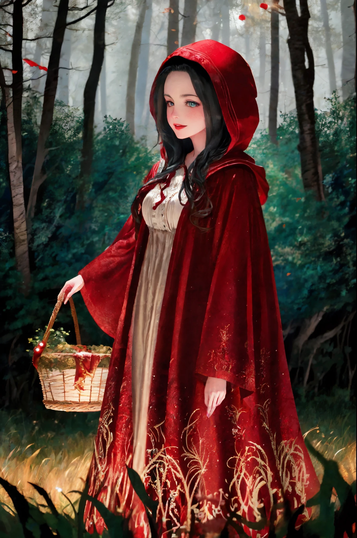 young adult female in a red riding hood, standing in an enchanted forest, wearing a flowing red cloak, holding a basket, beautiful character design, richly detailed, whimsical style, cinematic lighting, vibrant colors, digital painting, by Artgerm and Yoshitaka Amano, 4k resolution