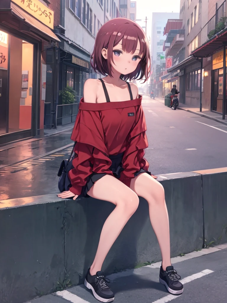 One Girl、In town、Sidewalk、sit on the guardrail、Red clothes、Off the shoulder、mini skirt、