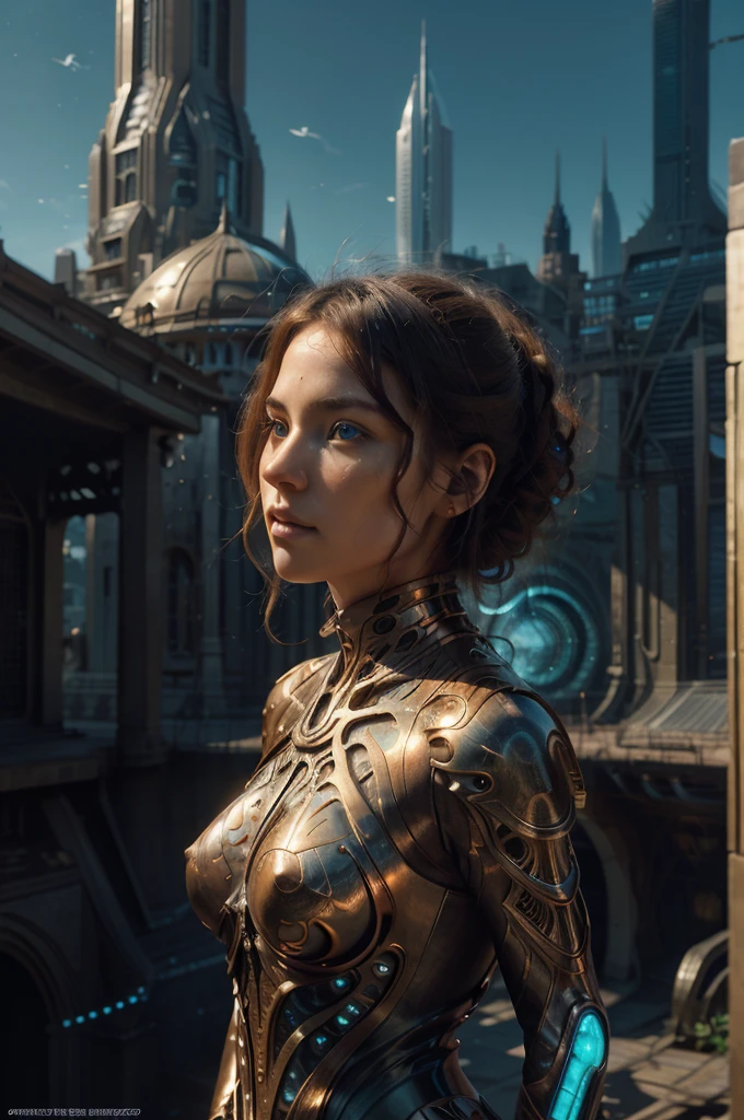 Hyper photo realistic. Higheast quality. Masterpiece. A woman. Hyper realistic human features. Perfect facial features. The woman has biomorphic, futuristic,curly black hair composed of interlaced, net like, shapes and forms. (Sharp focused background city of biomorhic orbs inside jungle.). Include the colors white, turquoise, orange and copper. Vanilla sky. Art by Todd Lockwood, Otto Pilny, Otto Rapp, and Peter Gric. Cgsociety, gothic art, fractalism, fantasy, dystopian art, neo-figurative, vray tracing Trending on zbrush central, fantasy art, zbrush, biomorphic, fractalism. Smooth, sharp focus. A photo realistic, surreal, image of a female that transcends the boundaries of reality and imagination.The image should evoke a sense of wonder and mystery. Porcelain. 8k.