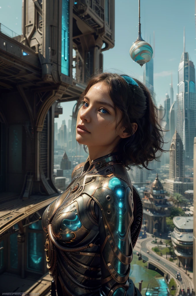 Hyper photo realistic. Higheast quality. Masterpiece. A woman. Hyper realistic human features. Perfect facial features. The woman has biomorphic, futuristic,curly black hair composed of interlaced, net like, shapes and forms. (Sharp focused background city of biomorhic orbs inside jungle.). Include the colors white, turquoise, orange and copper. Vanilla sky. Art by Todd Lockwood, Otto Pilny, Otto Rapp, and Peter Gric. Cgsociety, gothic art, fractalism, fantasy, dystopian art, neo-figurative, vray tracing Trending on zbrush central, fantasy art, zbrush, biomorphic, fractalism. Smooth, sharp focus. A photo realistic, surreal, image of a female that transcends the boundaries of reality and imagination.The image should evoke a sense of wonder and mystery. Porcelain. 8k.