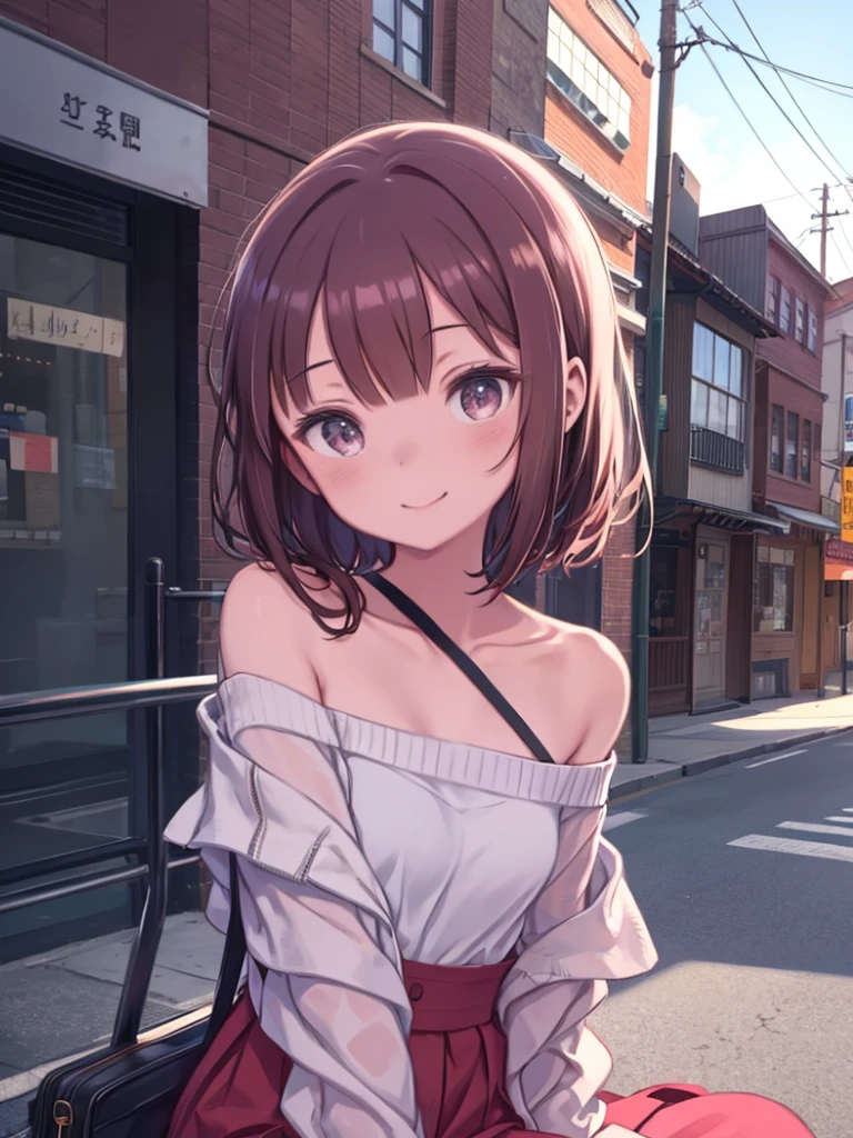 One Girl、In town、Sidewalk、sit on the guardrail、Red clothes、Off the shoulder、miling、Upper Body、