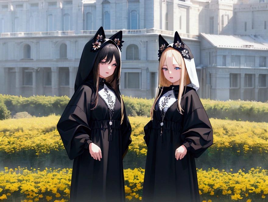 2 cute girls in hooded cat-themed outfits, one with black hair and black clothes, the other with blonde hair and white clothes, flower field background, (best quality,4k,8k,highres,masterpiece:1.2),ultra-detailed,(realistic,photorealistic,photo-realistic:1.37),intricate details, vibrant colors, soft lighting, magical atmosphere, whimsical, adorable, portrait style
