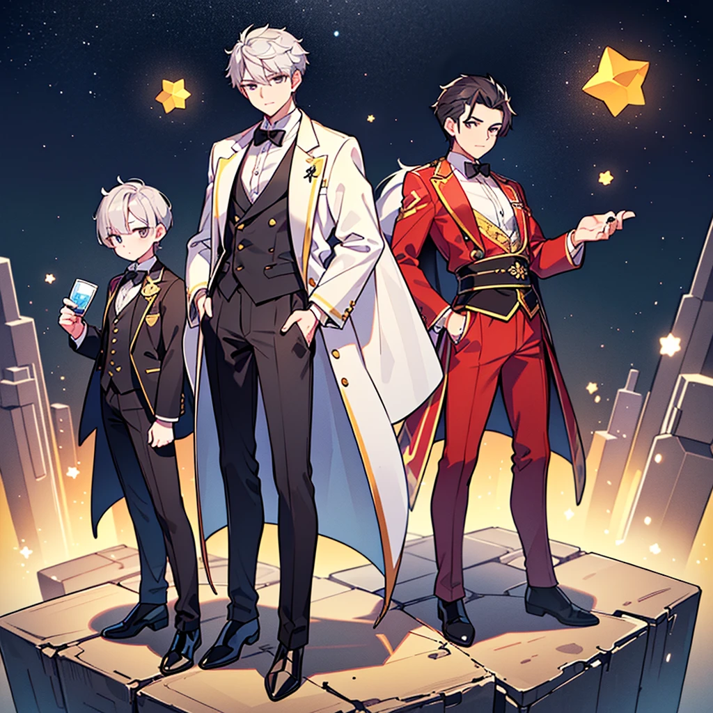 ((Highest quality,masterpiece,Extremely sophisticated details,Full body picture of a handsome Korean-style man with short silver hair,Holding a big three-dimensional star in hand,Wearing a boss's formal short black suit without tie and high collar,singer)),extremely handsome,super handsome guy,Small silver jewelry decoration,Gorgeous stage background
