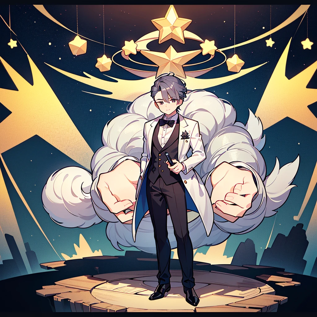 ((Highest quality，masterpiece，Extremely sophisticated details，Full body picture of a handsome Korean-style man with short silver hair，Holding a big three-dimensional star in hand，Wearing a boss&#39;s formal short black suit without tie and high collar，singer))，extremely handsome，super handsome guy，Small silver jewelry decoration，Gorgeous stage background