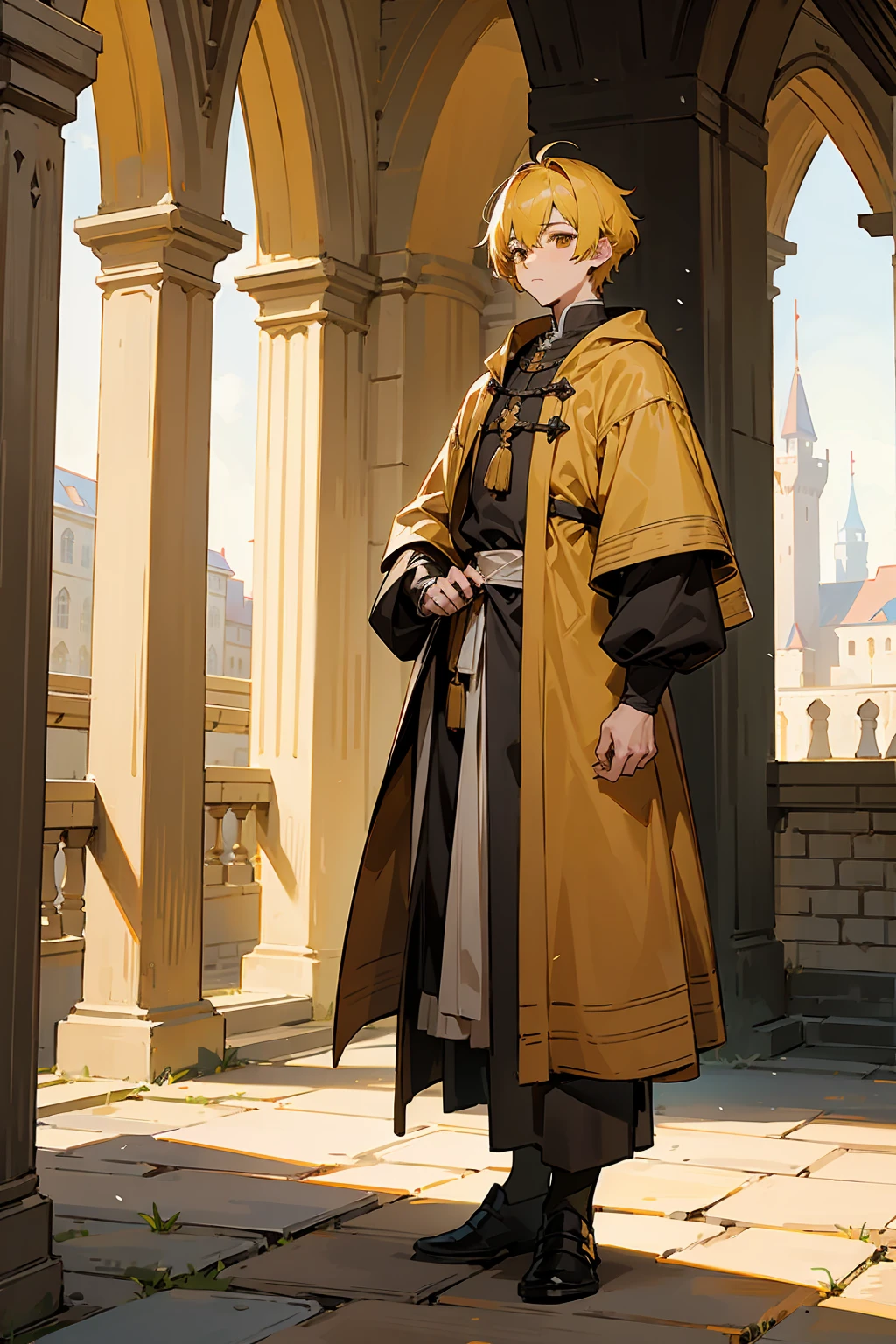 1male, Young Adult, Brown Eyes, Yellow Hair, Multicolored Hair, Short Hair, Castle, Standing on Path, Sunny Day, Medieval Clothes