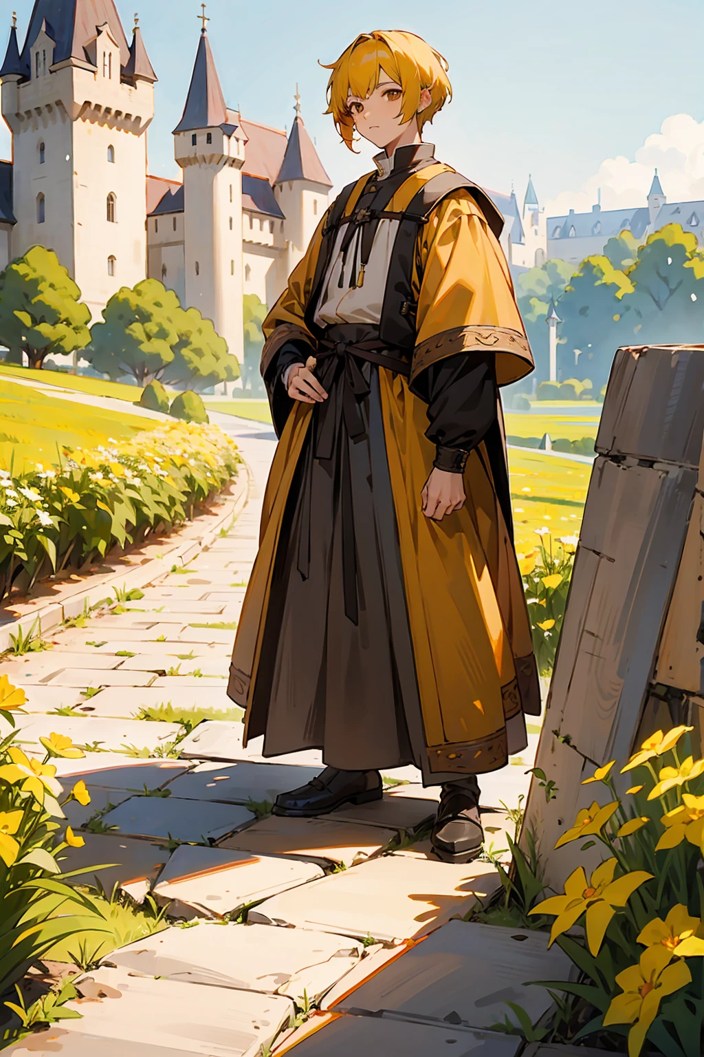 1male, Young Adult, Brown Eyes, Yellow Hair, Multicolored Hair, Short Hair, Castle, Standing on Path, Sunny Day, Medieval Clothes