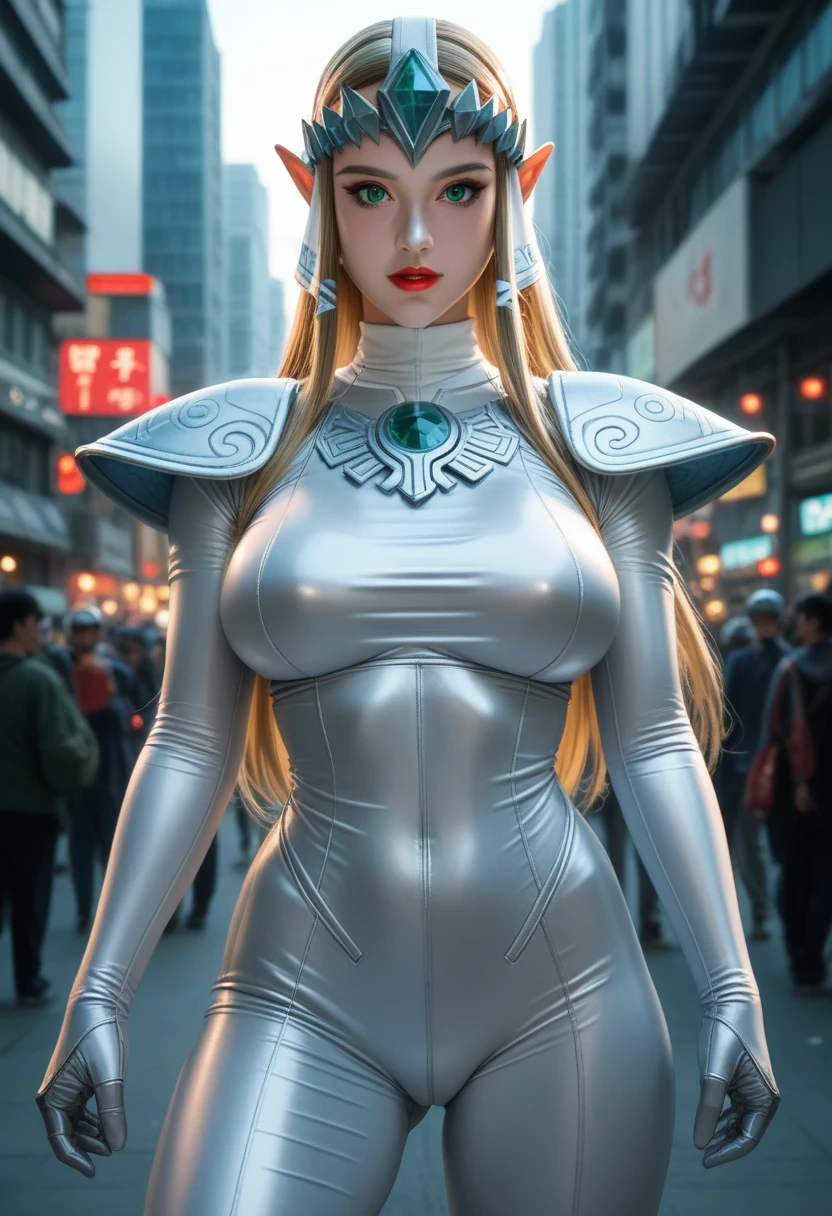 Full-body image, standing, Princess Zelda giant, (red and silver costume:1.5), as ultraman, immensely large breasts1, very tight bodysuit, heavy makeup on the face, light blue jewel on chest, helmet on head, red lipstick on the mouth, (she green eyes:1.5, hair blue:1.5), looking at the viewer from the front, she is in a futuristic city with several monsters attacking the buildings, tokusatsu, ultraman, anime styling, cinematic lighting, 16K, ultra HD, work of art, best qualityer, High details