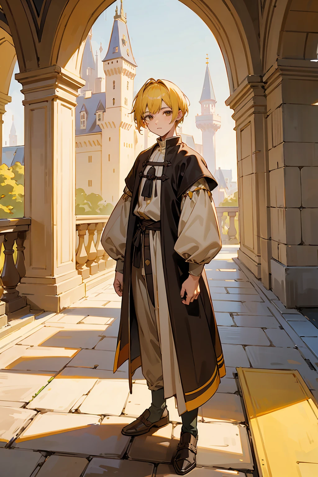 1male,  Adult, Brown Eyes, Yellow Hair, Multicolored Hair, Short Hair, Castle, Standing on Path, Sunny Day, Medieval Clothes