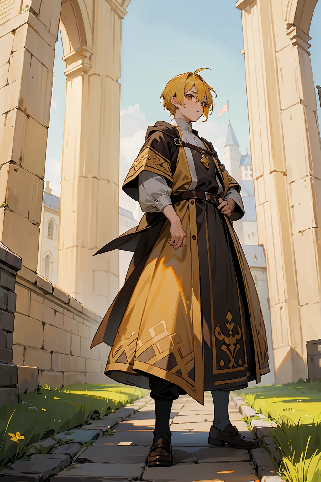 1male, Young Adult, Brown Eyes, Yellow Hair, Multicolored Hair, Short Hair, Castle, Standing on Path, Sunny Day, Medieval Clothes