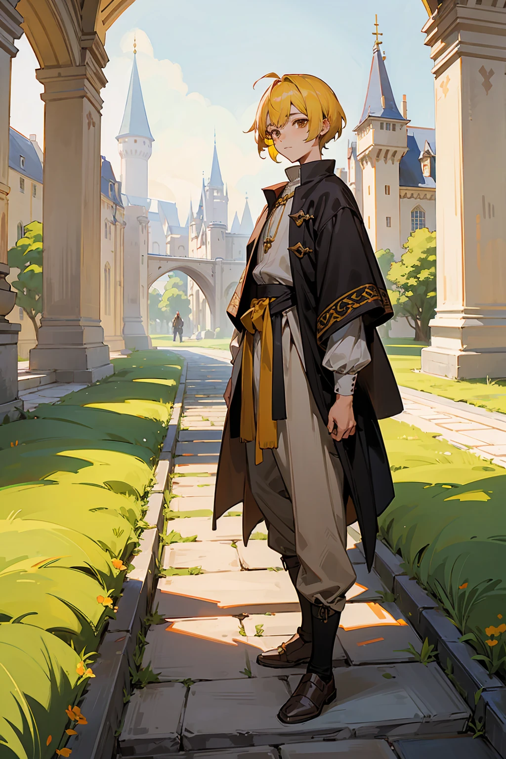 1male, Young Adult, Brown Eyes, Yellow Hair, Multicolored Hair, Short Hair, Castle, Standing on Path, Sunny Day, Medieval Clothes