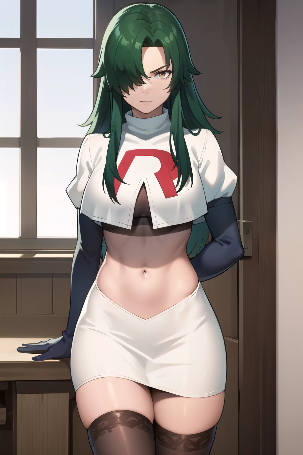 photorealistic, (4k), depth of field, (Masterpiece), (realistic skin texture), extremely detailed, intricate, hyper detailed, professional photography, bokeh, high resolution, sharp detail, best quality, woman, long hair, green hair, yellow eyes, hair covering one eye, team rocket,team rocket uniform,white skirt,red letter R,crop top,black thigh-highs,black elbow gloves, muscular female,