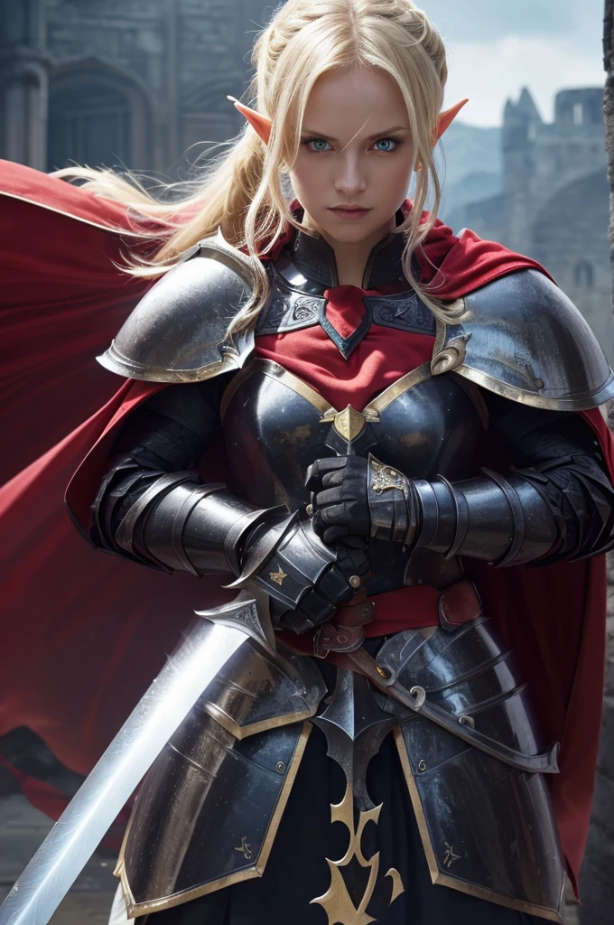Beautiful images,Detailed Images,Official image,A woman wielding a sword,Blonde,Blue Eyes,Ponytail Hair,Model body type,(Dark Skin:1.3),Elf Ears,Large Breasts,(Decorated Black Knight Heavy Armor,Black Gauntlet,Red Cape:1.3),