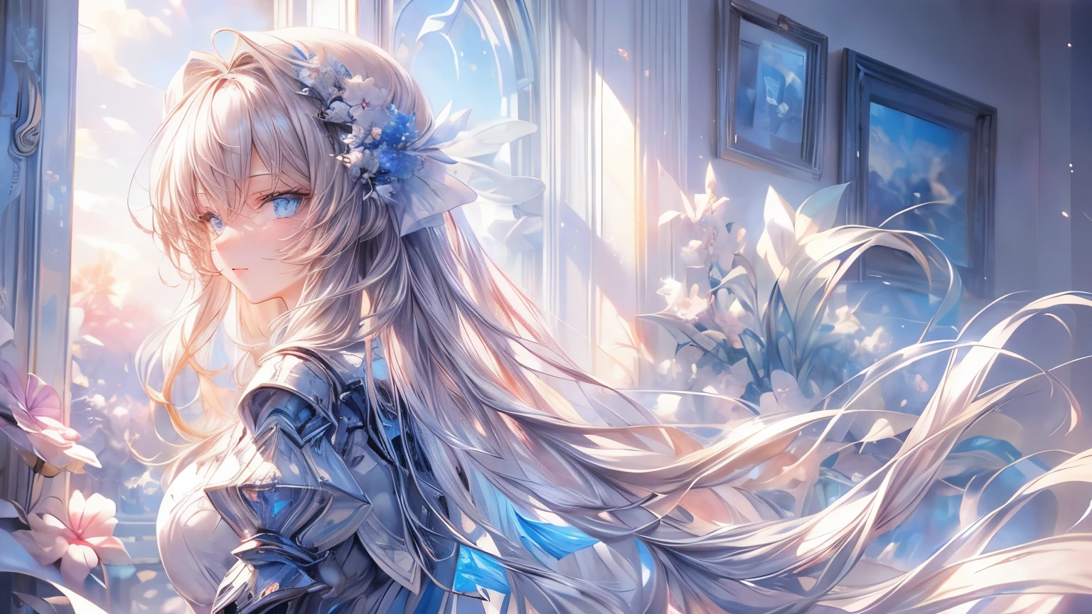 ((super detailed),sky background,beautiful clouds,The light from the back window is backlit.,element,Watercolor pattern in calm colors),(watercolor texture), ((1 girl),long gray hair,blonde hair,blue eyes,adorable,Angelic),light smile,ta prostitute,best image quality