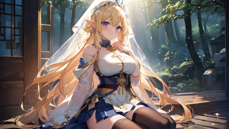 best quality、Highest image quality、Super beautiful elf beauty((22-year-old OL with big bust、Bust 90,Beautiful long permed hair、Blonde、Slender、beautiful tiara、high quality、Elf ears、Happy smile、myth、Sexy的、extremely good、Mysterious Forest、in the woods、super high quality, Super detailed, Ultra-clear, forest, one person, long blonde hair, sleep, Swimsuit, dress, dress, Bathrobe, mini skirt, Stockings, Sexy, looking into the distance,Overlooking, posture, attitude, model