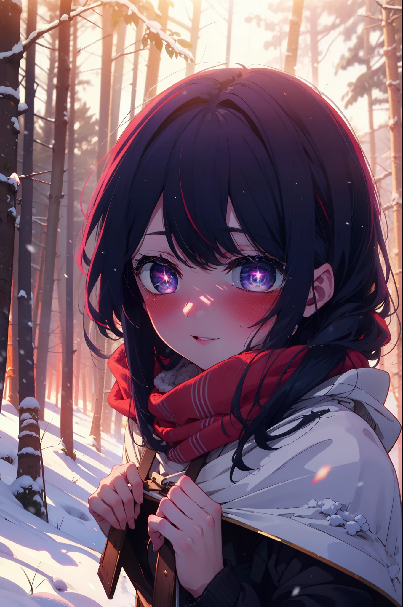 aihoshino, Ai Hoshino, Long Hair, bangs, (Purple eyes:1.1), Purple Hair, (Symbol-shaped pupil:1.5), smile,,smile,blush,white breath,
Open your mouth,snow,Ground bonfire, Outdoor, boots, snowing, From the side, wood, suitcase, Cape, Blurred, , forest, White handbag, nature,  Squat, Mouth closed, Cape, winter, Written boundary depth, Black shoes, red Cape break looking at viewer, Upper Body, whole body, break Outdoor, forest, nature, break (masterpiece:1.2), Highest quality, High resolution, unity 8k wallpaper, (shape:0.8), (Beautiful and beautiful eyes:1.6), Highly detailed face, Perfect lighting, Extremely detailed CG, (Perfect hands, Perfect Anatomy),