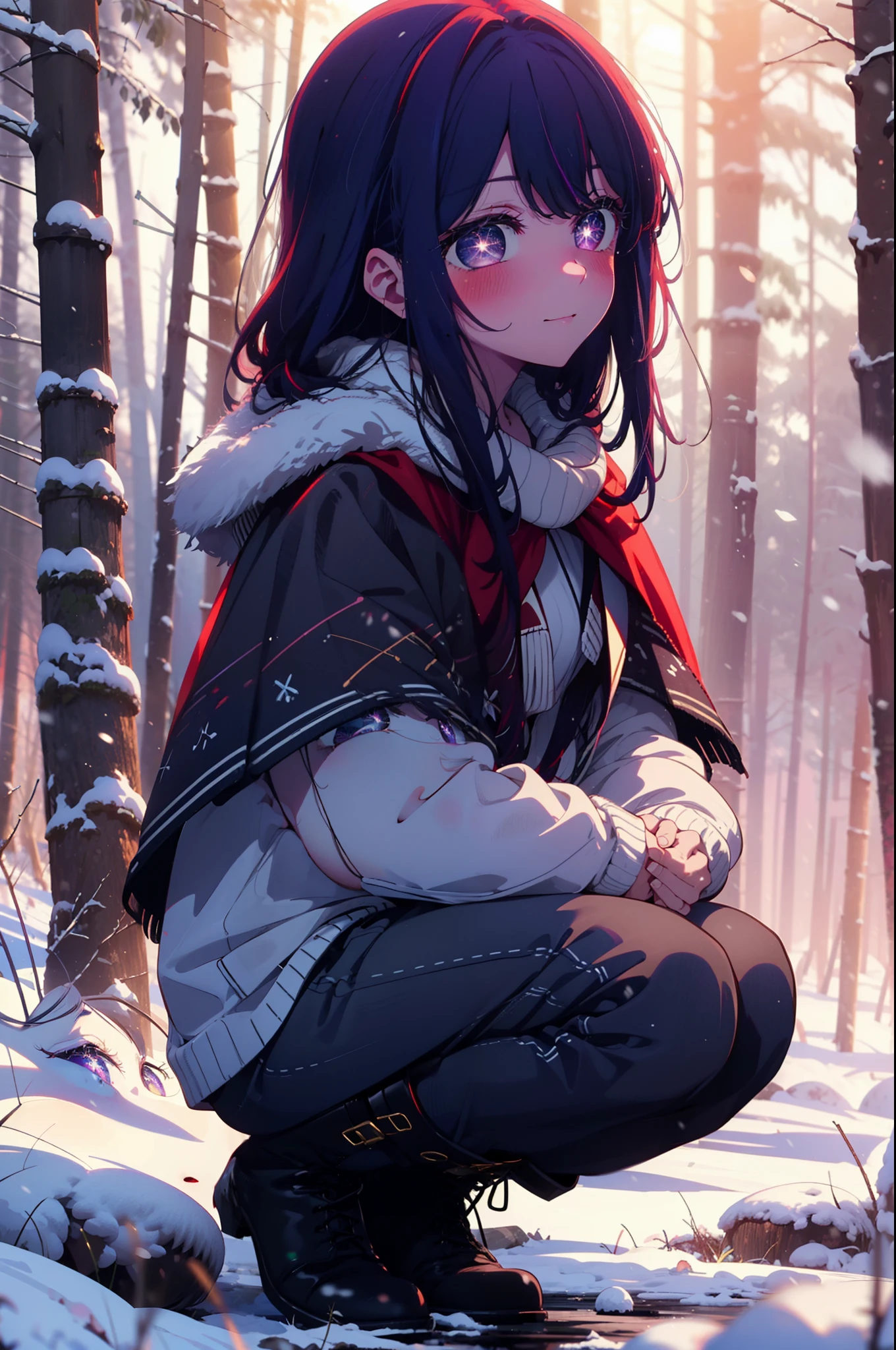 aihoshino, Ai Hoshino, Long Hair, bangs, (Purple eyes:1.1), Purple Hair, (Symbol-shaped pupil:1.5), smile,,smile,blush,white breath,
Open your mouth,snow,Ground bonfire, Outdoor, boots, snowing, From the side, wood, suitcase, Cape, Blurred, , forest, White handbag, nature,  Squat, Mouth closed, Cape, winter, Written boundary depth, Black shoes, red Cape break looking at viewer, Upper Body, whole body, break Outdoor, forest, nature, break (masterpiece:1.2), Highest quality, High resolution, unity 8k wallpaper, (shape:0.8), (Beautiful and beautiful eyes:1.6), Highly detailed face, Perfect lighting, Extremely detailed CG, (Perfect hands, Perfect Anatomy),