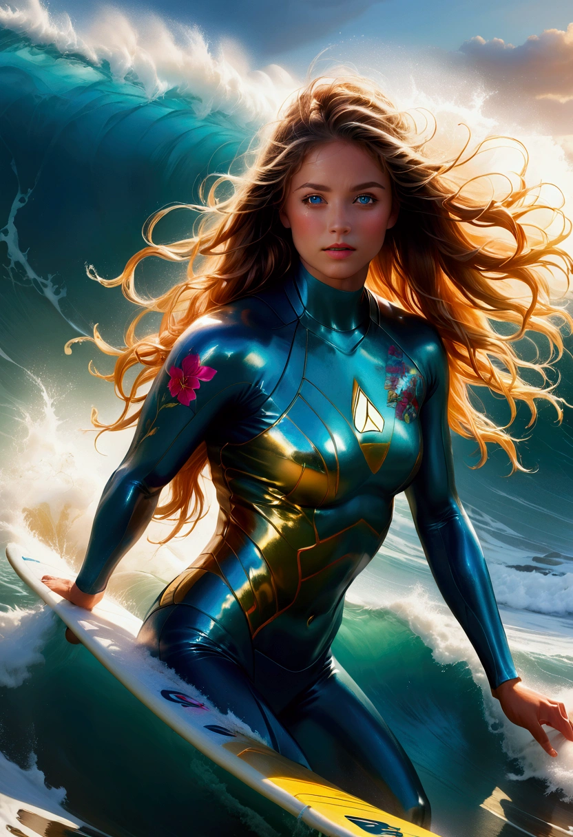 1girl, Surfing, a surfer riding a huge wave, ocean waves crashing, beautiful detailed eyes, beautiful detailed lips, extremely detailed face and skin, long hair blowing in the wind, muscular fit body, ocean spray, golden hour lighting, vibrant colors, cinematic composition, 8k, highres, masterpiece, best quality, very aesthetic, absurdres