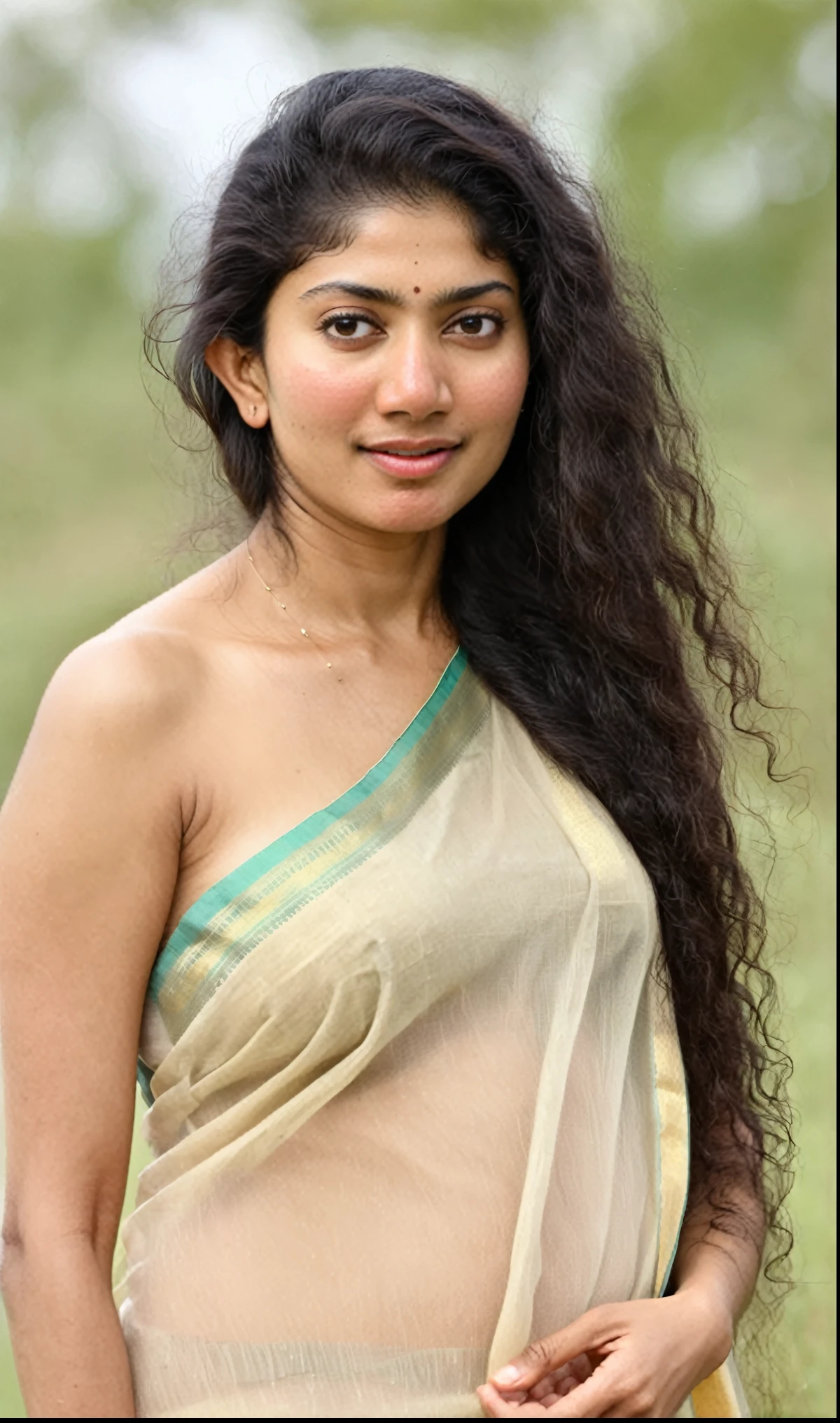 ultrarealistic hires full body nude photo of a 30-year-old sai pallavi woman, outdoors, nipple show