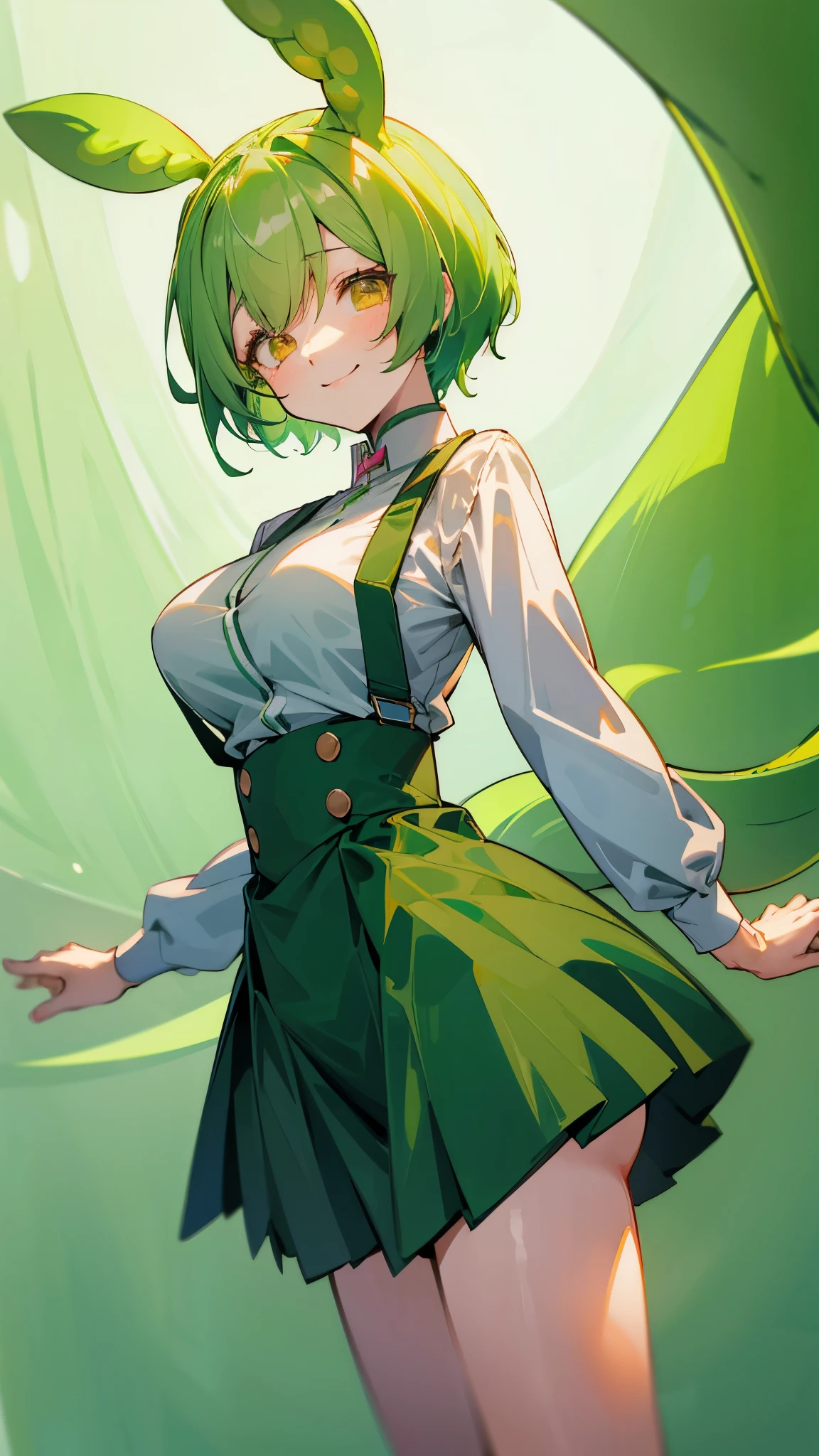 beautiful girl,Yellow-green hair,Beaver、short hair、Gentle droopy eyes,Big ample breasts、uniform,Manga Style,Full Color,high school girl,A calm and kind face,Big smile、An innocent smile