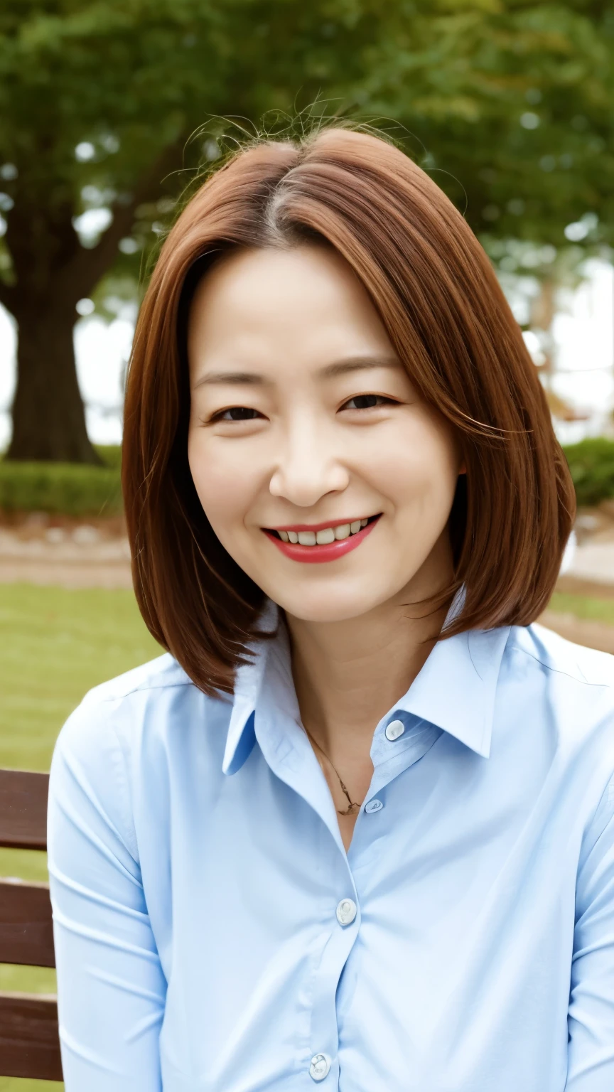 sitting on a park bench, Wrinkles around the eyes, Smiling with teeth showing, Plain short-sleeved clothing, senior citizen, Draw lips correctly, Red lipstick, No discomfort, 16K, Highest quality, Very detailed, Realistic, Very detailed肌, Japanese, alone, 60 years old, Large Breasts, , Glamour, sexy, , Staring straight ahead,