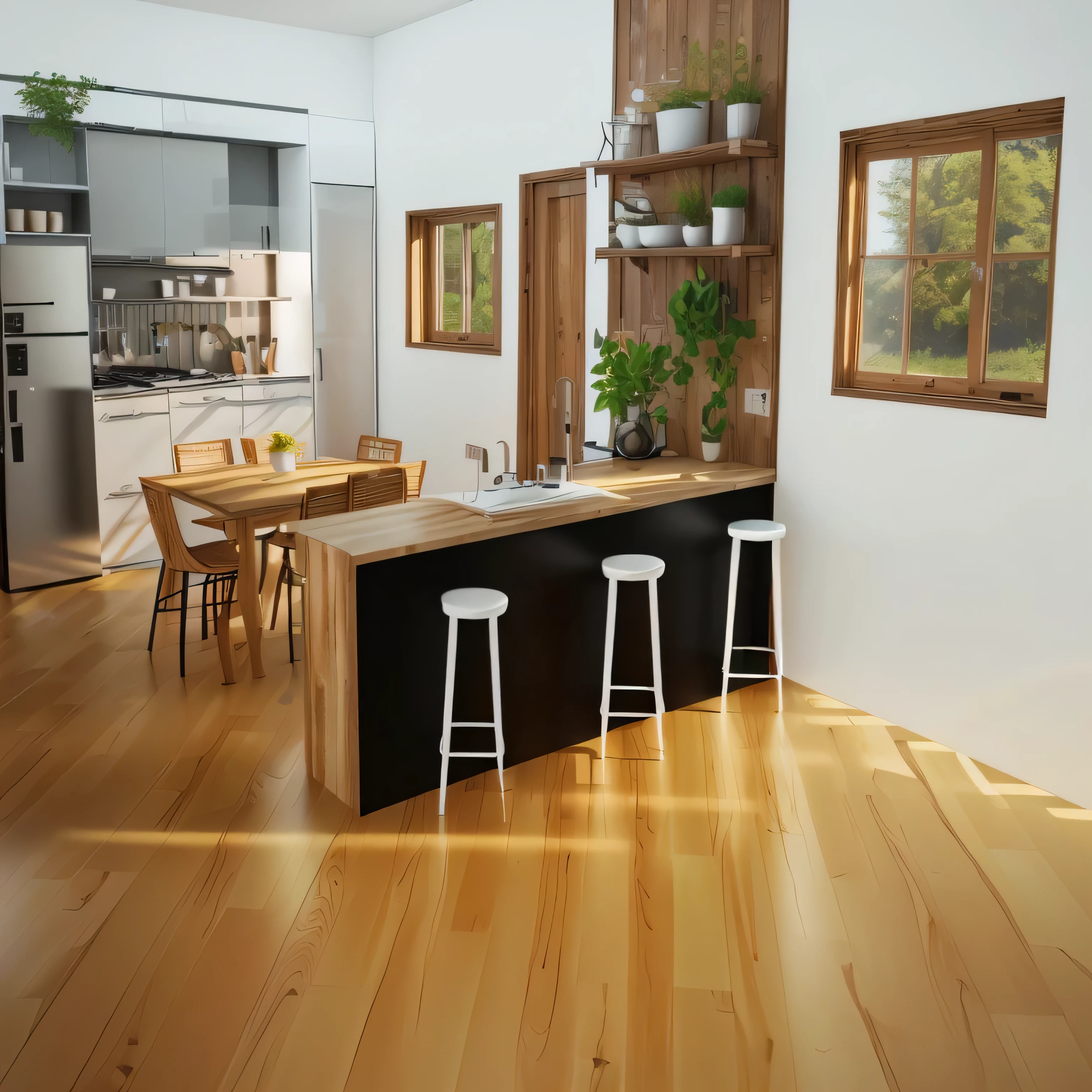 kitchen, wooden floor, windows, counter, refrigerator, table, rendered in lumion pro, luminous renderinging, luminous rendering, rendered in lumion, there is a kitchen with a table and chairs in it, kitchen, eclectic concept, kitchen, modern rustic, architechture, Interior design, render, kitchenette and conferenceroom, house interior, concept house, furniture concept photo!!, minimal kitchen, open plan, mixed materials, photoralistic rendering, powder Nándor Katona, 3D rendering, 3D rendering