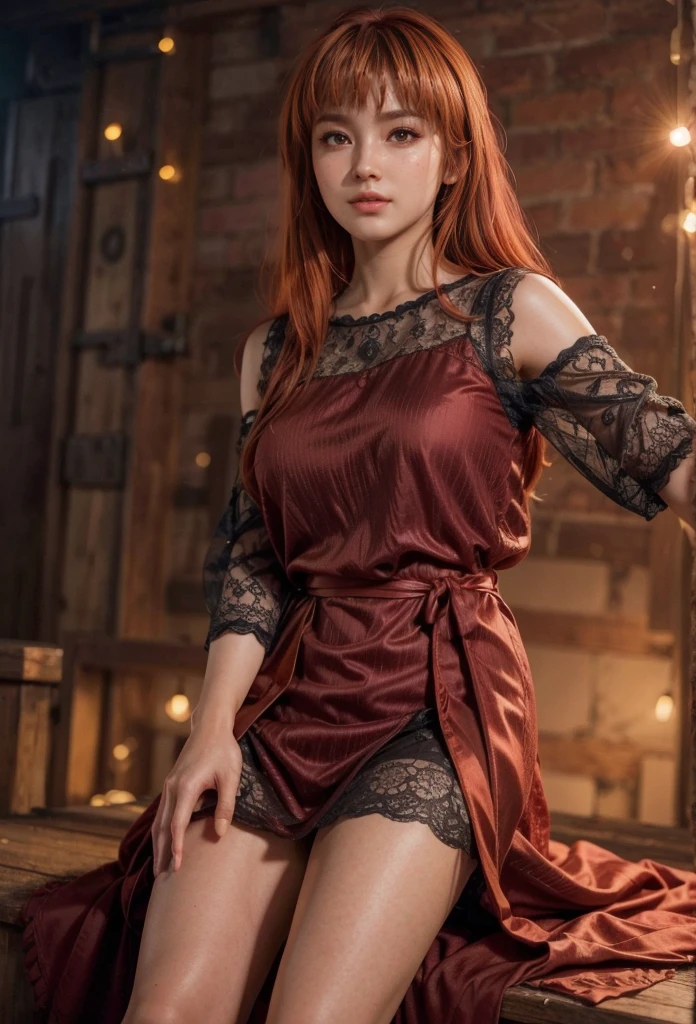 Kasumi, brown eyes, Red Hair, (best quality, ultra detail), (realistic:1.37), beautiful and detailed face, ultra-realistic texture, Delicate face, delicate body, red lipstick, bright colors. high definition, 8K. a soft, beautiful smile
