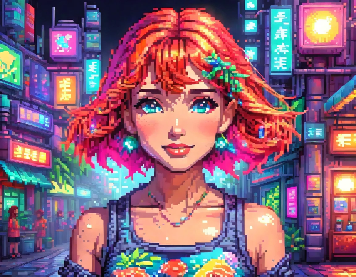 (pixel art:1.5)，(neon lights)，(circuit boards)，Girl in cartoon style，all-body，summer fashion clothes，sweet colored clothes，fashion illustration，swirly vibrant colors，neon realism，Grinning，shiny colors，Suave and fine，super details，ultra detali，8k