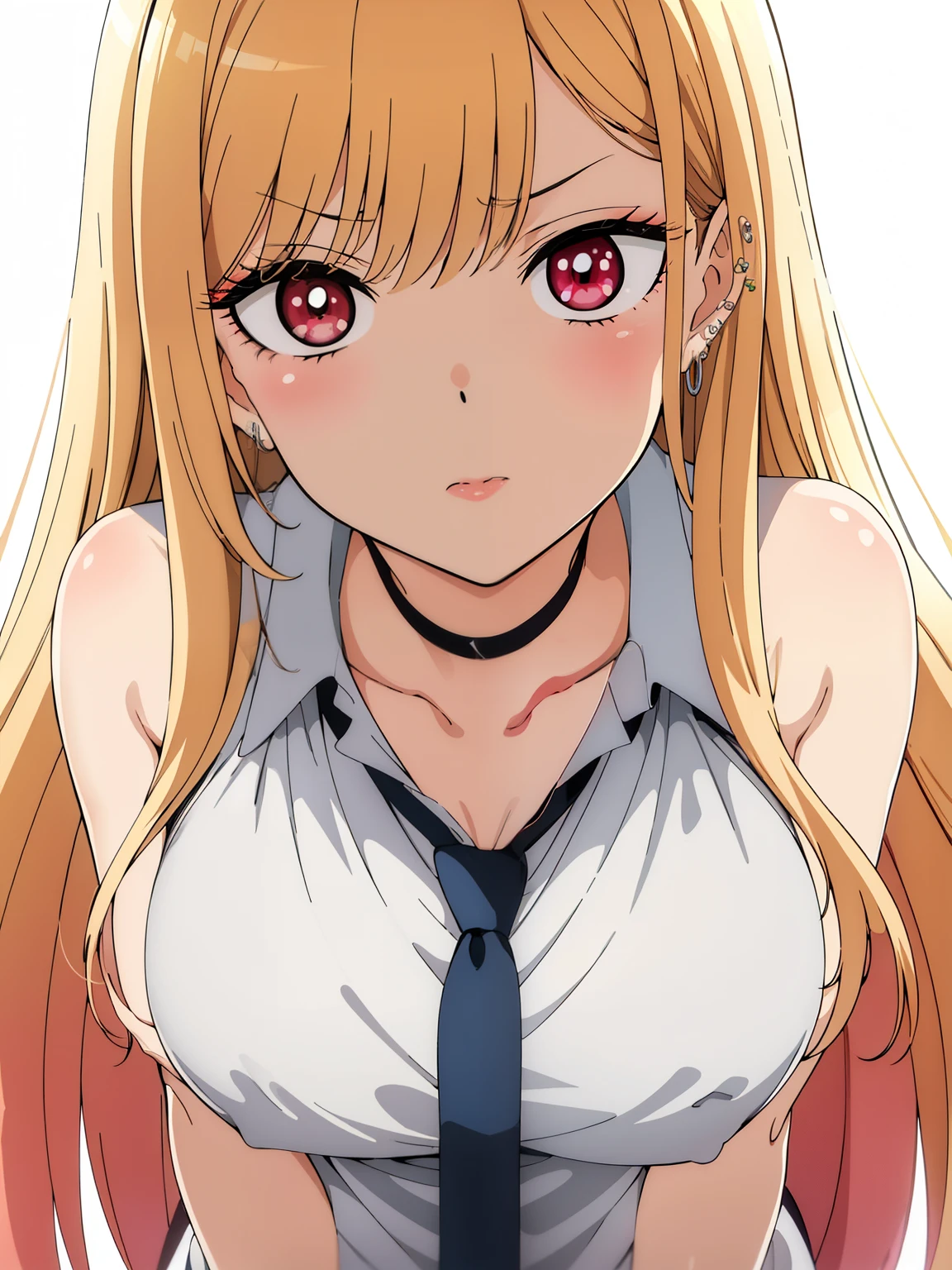 (Day),Simple white background, kiss face blowing a kiss glossy looking very very angry at you for looking at her boob ,Wipe Stand still,
choker, clavicle,Green tie and shirt,, Collared shirt,
ring,jewelry,
red eye,bangs, Blonde,Long Hair,
1 girl, 20-year-old,young woman,beautiful Finger,beautiful long legs,beautiful body,beautiful Nose,beautiful character design, perfect eye, perfect face,expressive eye,Perfect balance,
View your viewers,(Focus on her face),Mouth closed, (Innocent_big_eye:1.0),Light_笑face,
Official Art,Very detailed CG ユニティ 8k 壁紙, Perfect lighting,colorful, bright_front_face_Lighting,Glowing Skin,
(masterpiece:1.0),(Highest_quality:1.0), 超High resolution,4K,Very detailed,
photograph, 8k, High resolution, High resolution, Absurd:1.2, 400 for Kodak Port, Film Grain, Blurred Background, Bokeh:1.2, Lens flare, (Vibrant_color:1.2),プロのphotograph,
(beautiful,big_chest:1.4), (beautiful_face:1.5),(narrow_Waist),
