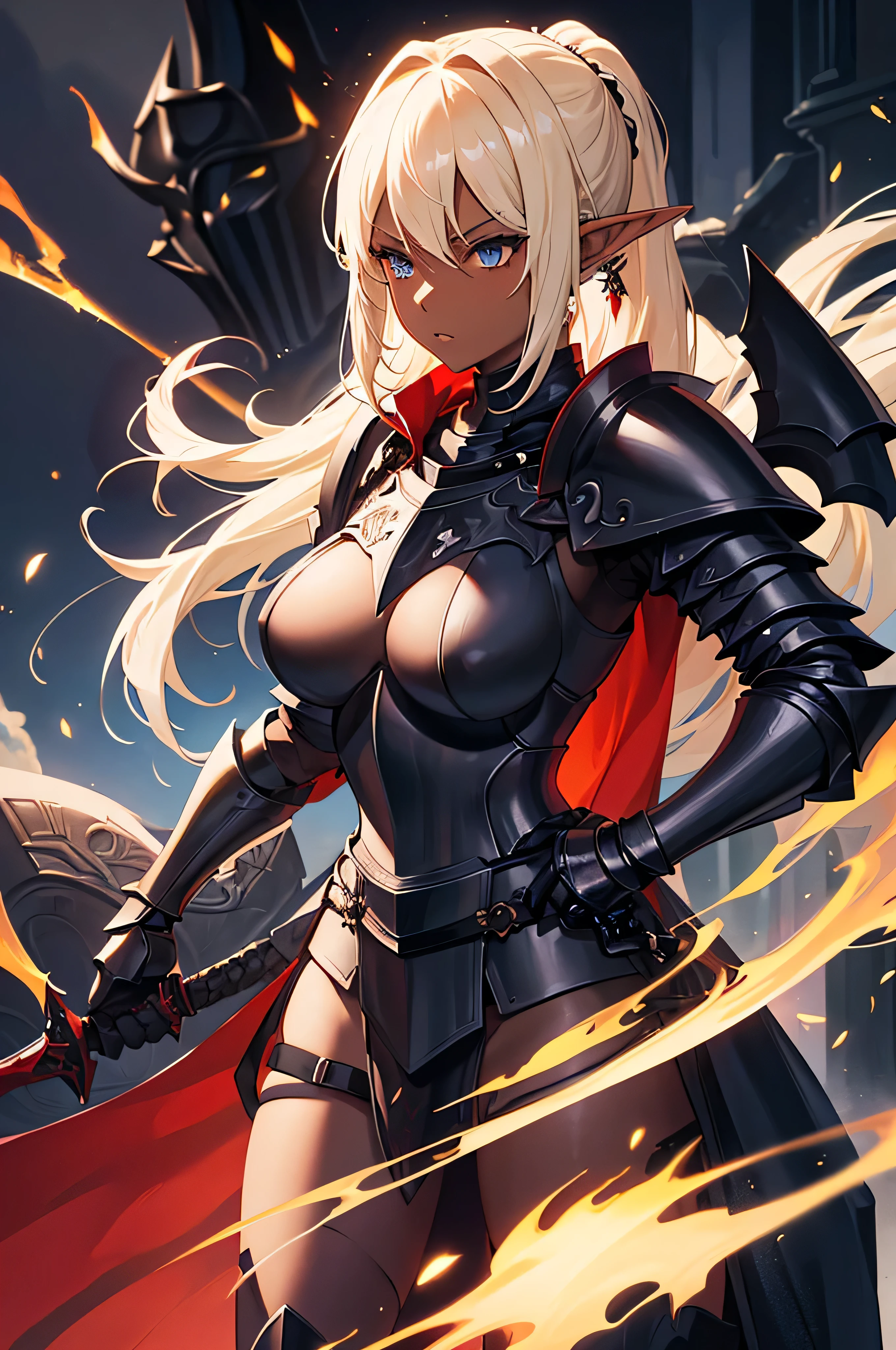 Beautiful images,Detailed Images,Official image,A woman wielding a sword,Blonde,Blue Eyes,Ponytail Hair,Model body type,(Dark Skin:1.3),Elf Ears,Large Breasts,(Decorated Black Knight Heavy Armor,Black Gauntlet,Red Cape:1.3),