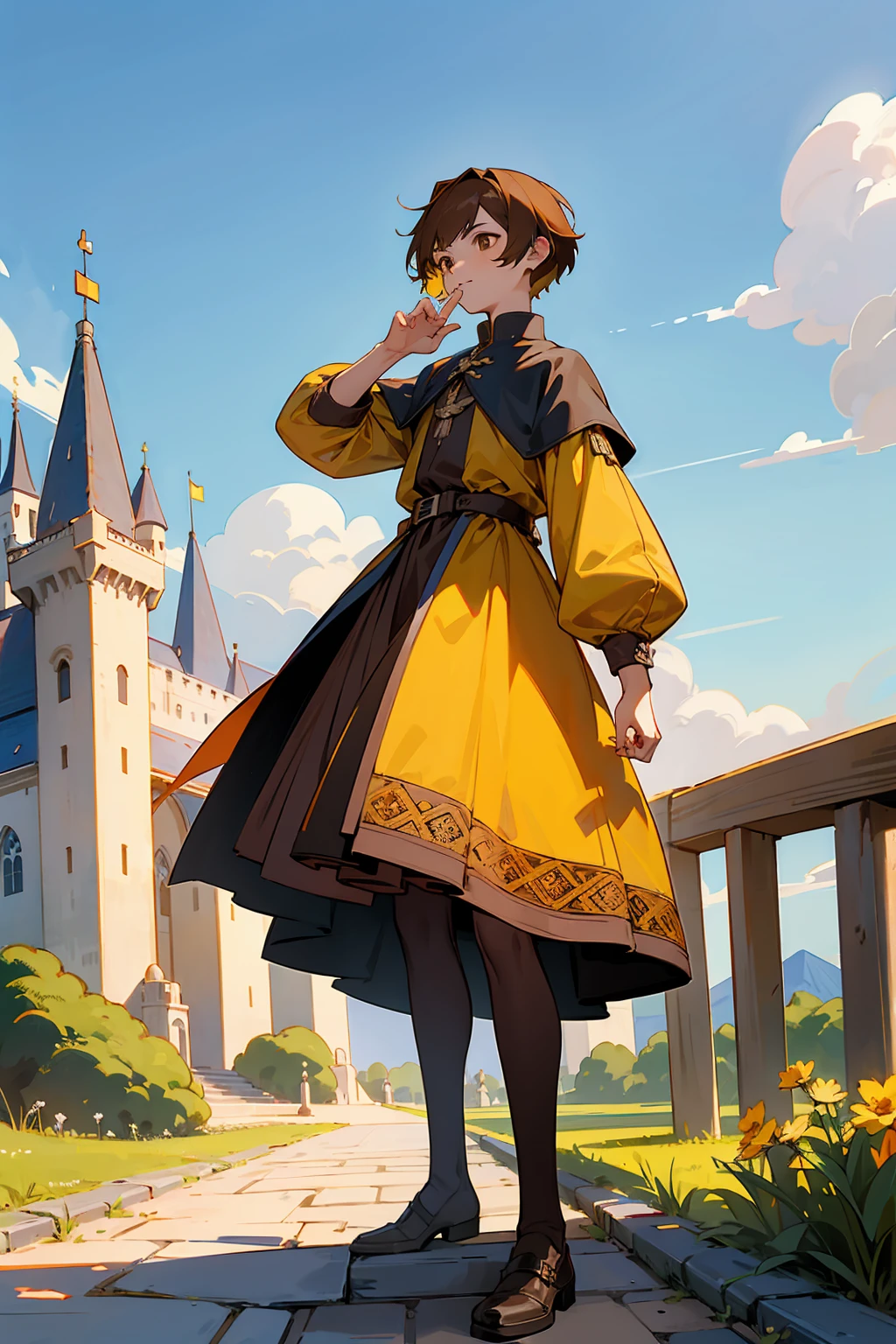 1male, Young Adult, Brown Eyes, Brown Hair, Inner Colored Yellow Hair, Multicolored Hair, Short Hair, Castle, Standing on Path, Sunny Day, Medieval Clothes