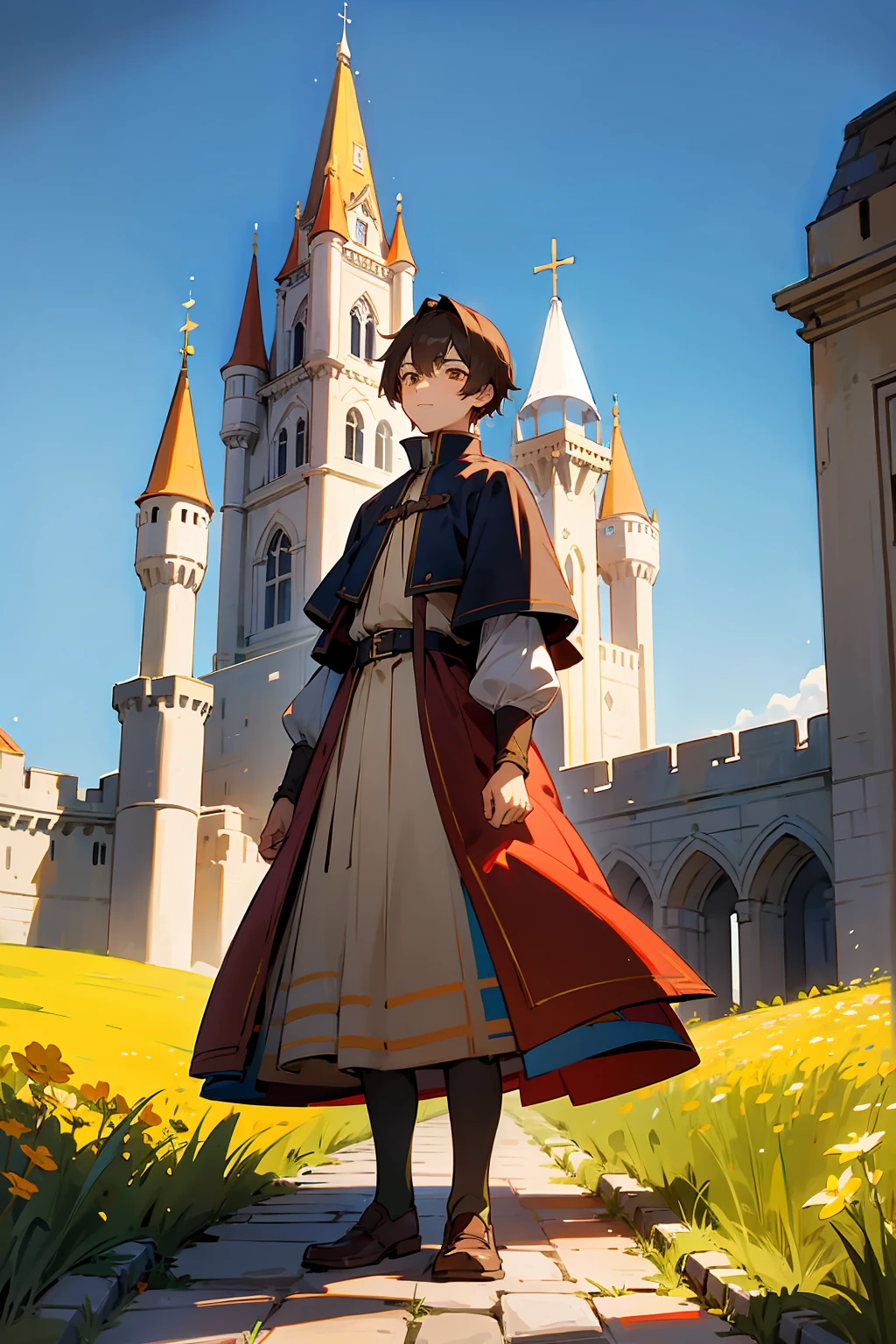 1male, Young Adult, Brown Eyes, Brown Hair, Inner Colored Yellow Hair, Multicolored Hair, Short Hair, Castle, Standing on Path, Sunny Day, Medieval Clothes