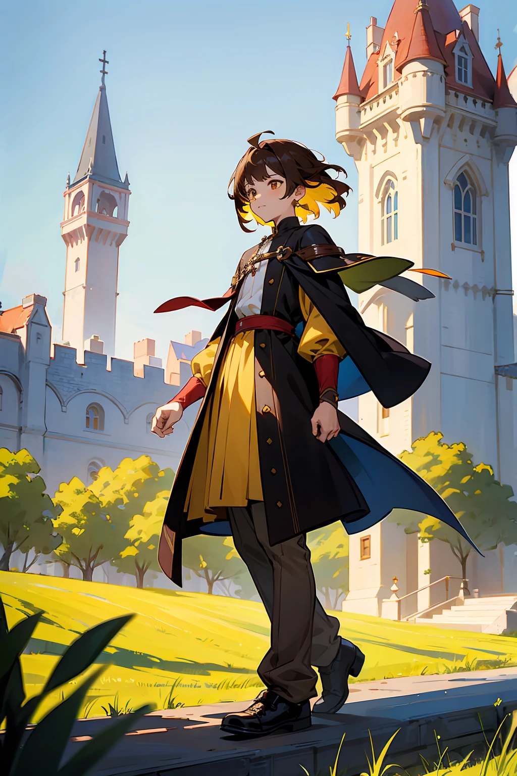 1male, Young Adult, Brown Eyes, Brown Hair, Inner Colored Yellow Hair, Multicolored Hair, Short Hair, Castle, Standing on Path, Sunny Day, Medieval Clothes