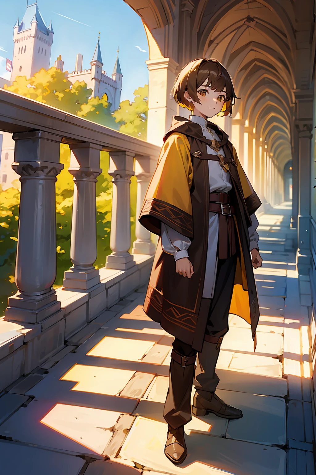 1male, Adult, Brown Eyes, Brown Hair, Inner Colored Yellow Hair, Multicolored Hair, Short Hair, Castle, Standing on Path, Sunny Day, Medieval Clothes