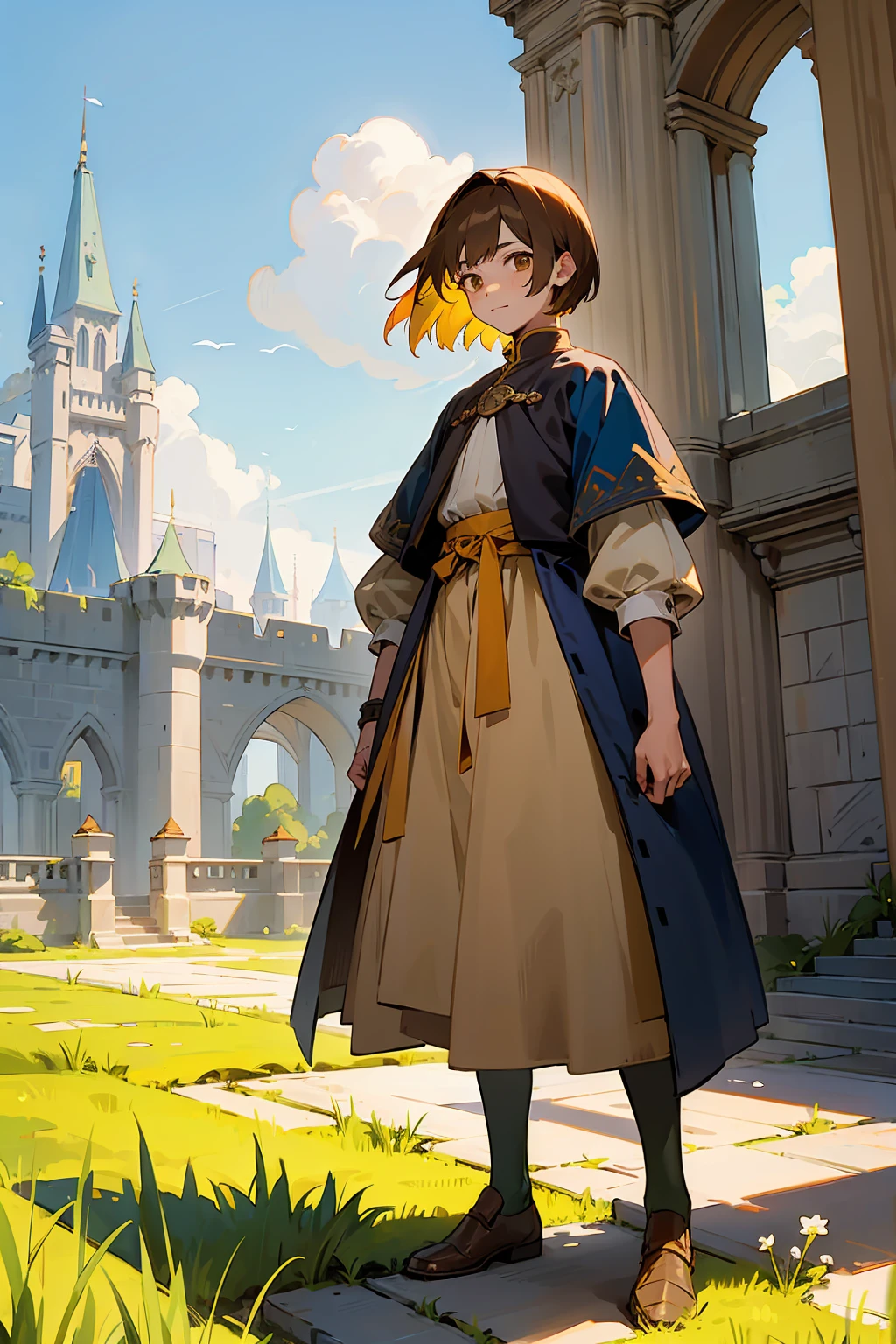 1male, Young Adult, Brown Eyes, Brown Hair, Inner Colored Yellow Hair, Multicolored Hair, Short Hair, Castle, Standing on Path, Sunny Day, Medieval Clothes
