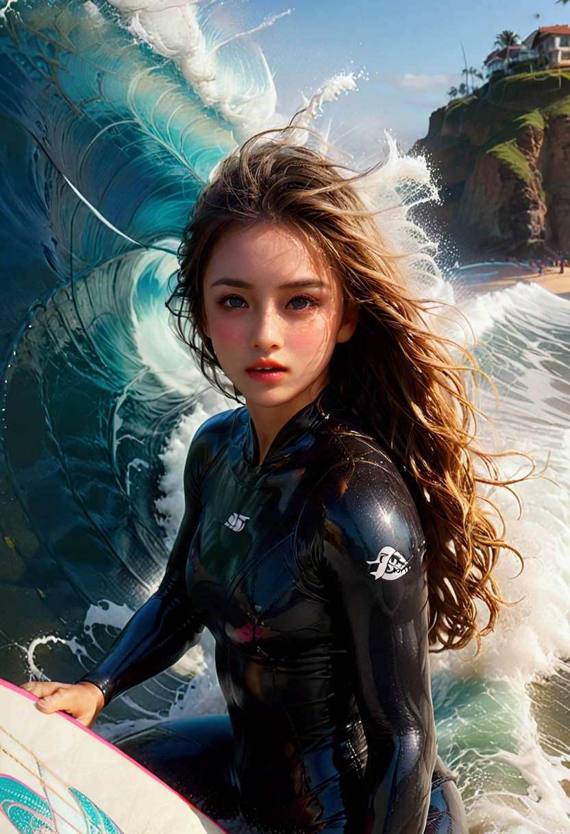 1girl, Surfing, (surfboard:1.5), a surfer riding a huge wave, ocean waves crashing, beautiful detailed eyes, beautiful detailed lips, extremely detailed face and skin, long hair blowing in the wind, muscular fit body, ocean spray, golden hour lighting, vibrant colors, cinematic composition, 8k, highres, masterpiece, best quality, very aesthetic, absurdres