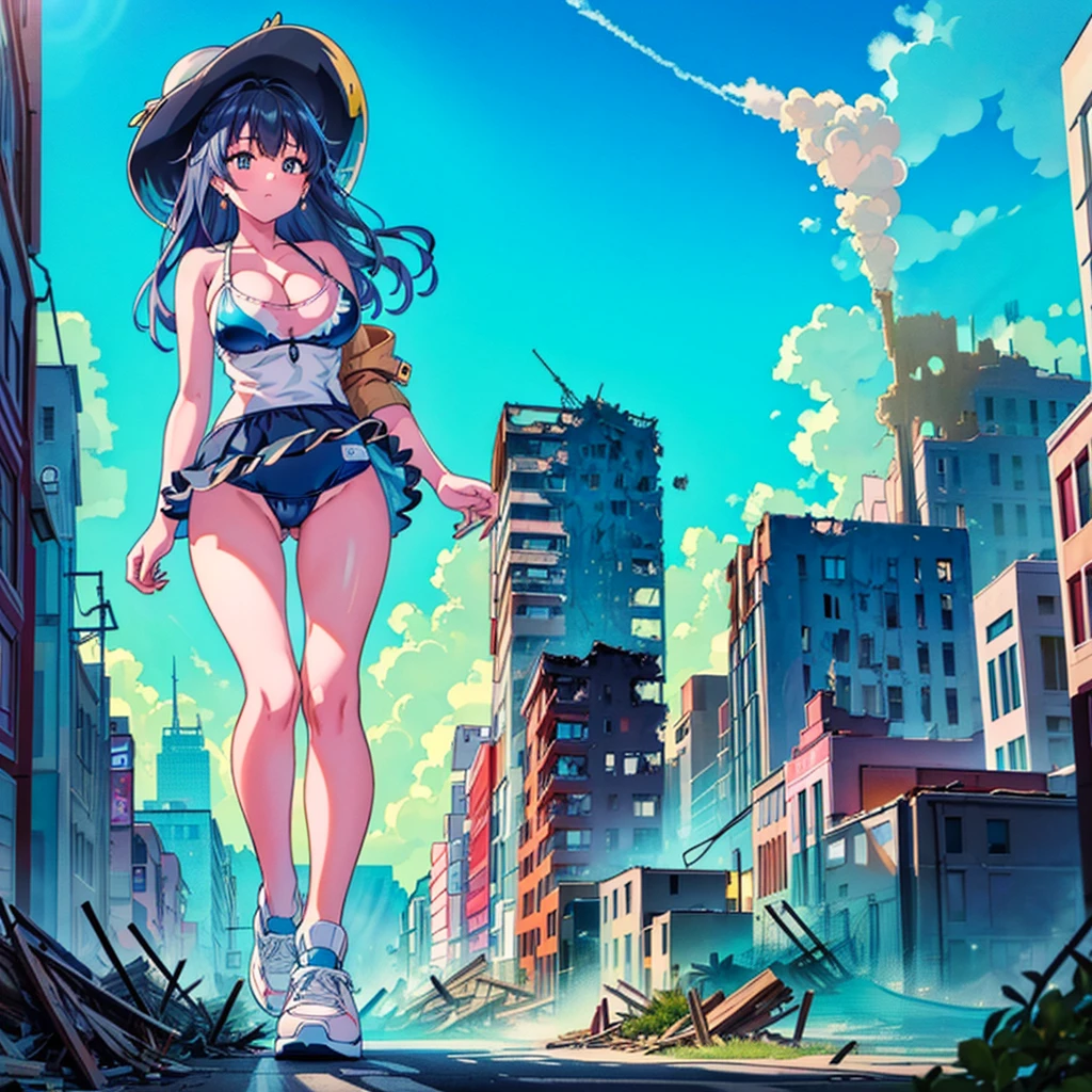 Composition seen from below (blue sky) ((Cumulonimbus)) masterpiece Anime Style Delicate painting 4K the 90s Giant crowd ((battlefield)) ((destroyed metropolis)) ((Collapsed building)) ((Remains)) ((Rubble pile)) ((fire)) ((cigarette)) crowd crowd ((((A girl in a Giant swimsuit walking through the city valley))) ((Bikini Swimwear)) ((paola)) Straw hat White socks clock Black Hair smile female Giant Giant girl Whole body crowdアンリアルエンジン,Cleavage ,Picture , Earrings, Long Hair,cute picture beauty Analog Style whole body sneakers