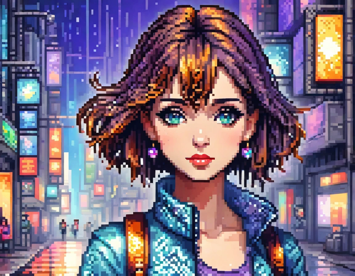 A stylish girl in pixel art form, with a penetrating gaze and expressive eyes. She has sleek, modern hair, possibly in an edgy cut or vibrant color like electric blue or deep purple, with an accessory like a hairclip or hat. She's wearing fashionable clothes in bold colors, such as a trendy jacket over a chic top and stylish pants or a skirt, with details like zippers or patterns. She might be holding a cool accessory, like a small bag or a gadget, reflecting her stylish personality. The background should be simple and clean, with elements that refer to the Pixel Art universe, such as small pixel stars or geometric shapes, to avoid distracting from the main character. The size should be suitable for a profile icon (ideally square), with good resolution to maintain clarity at different display sizes. sexy, perfil, decote