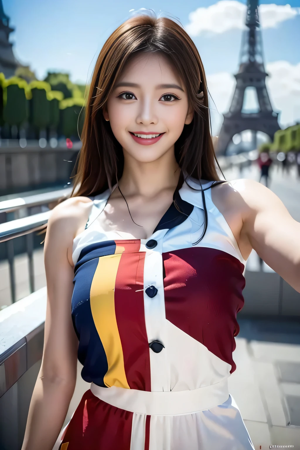 (((Spanish flag-inspired costume:1.3))),(),(((smile:1.3))),(((Women supporting the Paris Olympics:1.3))),(((International flags on the streets of Paris))),(((Eiffel Tower in the background))),(((The Seine in the background))),masterpiece,Highest quality,Ultra-high resolution output images,Write Boundary Depth,Intricate details,Add depth to your subject with contrast between light and shadow,Anatomically correct facial structure),(Picture Mode Ultra HD,)