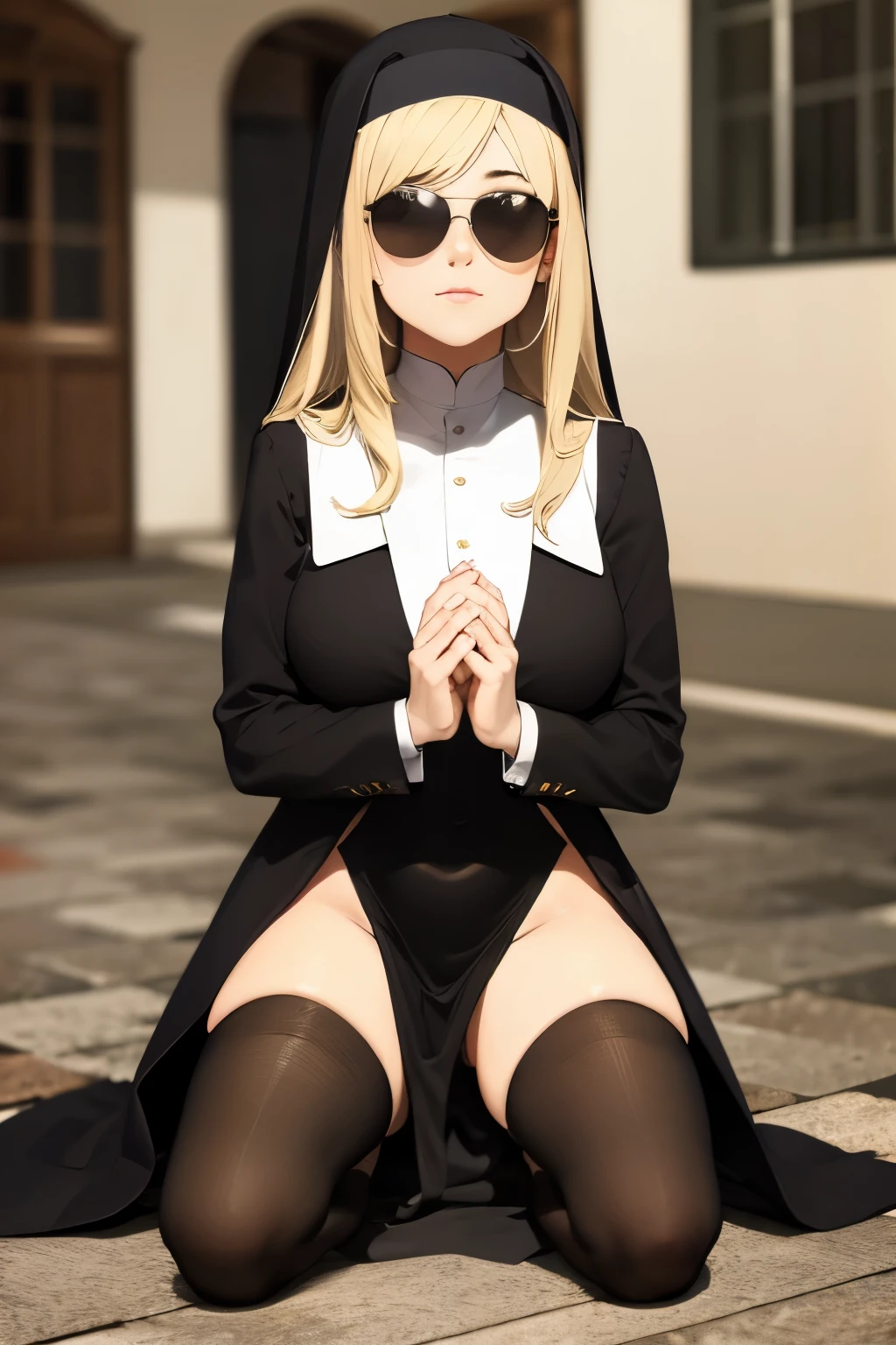 A holy and sweet nun in silver mirrored aviators hands together in prayer inside a desolate and broken dirty building with many rundown filthy beds, Solo, Portrait, Masterpiece, best quality, (Mirrored_Aviators), marika, queen marika, blonde hair, black dress, an14