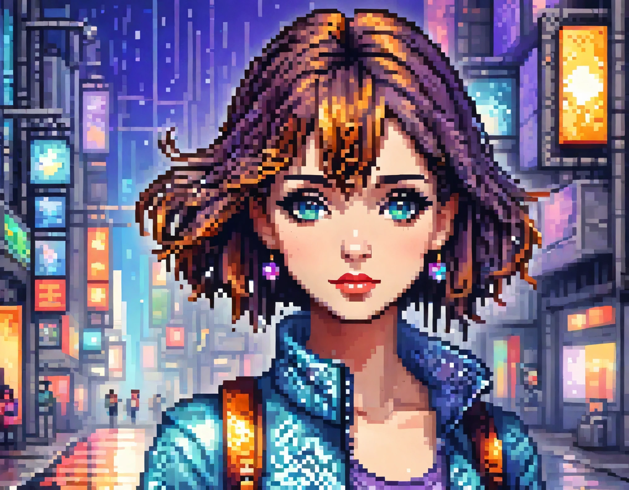 A stylish girl in pixel art form, with a penetrating gaze and expressive eyes. She has sleek, modern hair, possibly in an edgy cut or vibrant color like electric blue or deep purple, with an accessory like a hairclip or hat. She's wearing fashionable clothes in bold colors, such as a trendy jacket over a chic top and stylish pants or a skirt, with details like zippers or patterns. She might be holding a cool accessory, like a small bag or a gadget, reflecting her stylish personality. The background should be simple and clean, with elements that refer to the Pixel Art universe, such as small pixel stars or geometric shapes, to avoid distracting from the main character. The size should be suitable for a profile icon (ideally square), with good resolution to maintain clarity at different display sizes. sexy, perfil, decote