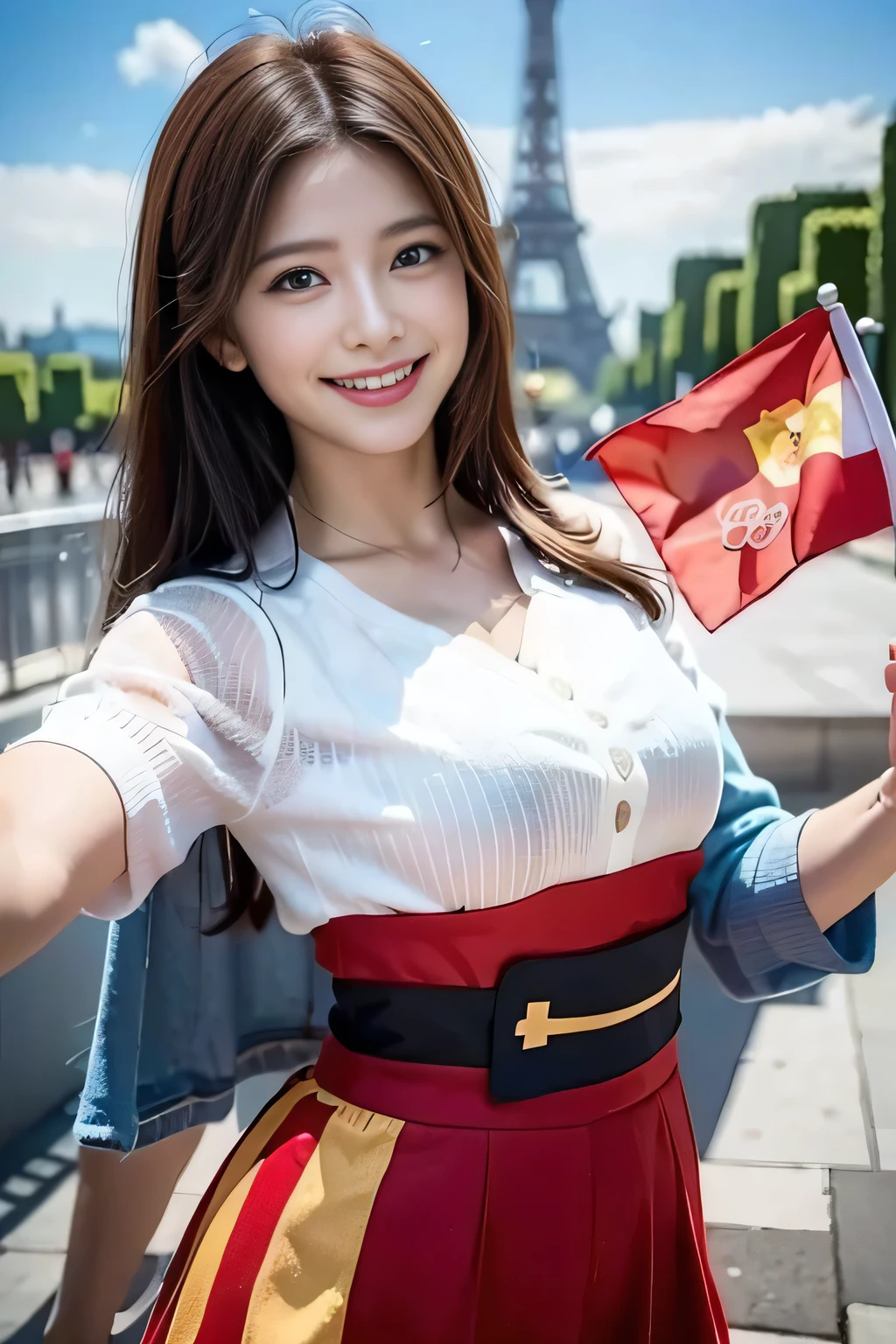 (((Women supporting the Paris Olympics:1.3))),(((Paris cityscape))),(((Eiffel Tower in the background))),(((The Seine in the background))),(((American flag themed costume:1.3))),((smile:1.3))),(Stars and Stripes),(masterpiece,Highest quality,Ultra-high resolution output images,Write Boundary Depth,Intricate details,Add depth to your subject with contrast between light and shadow,Anatomically correct facial structure),(Picture Mode Ultra HD,)