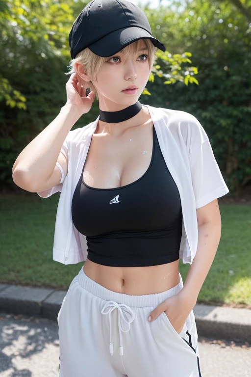 (Highest quality, 4K, 8k, High resolution, masterpiece:1.2), Very detailed, (Realistic, photoRealistic, photo-Realistic:1.37),Bedroom、Japanese、Big Breasts,(Black choker),(Dull blonde pixie cut)、Girl jogging、Jogger Cap、Shorts,White shirt,(Cap Color:Random),(Pants color:Random),Sweaty hair,Sweaty skin,Shirt stuck to the skin with sweat,Sweat-soaked shirt,Black underwear showing through