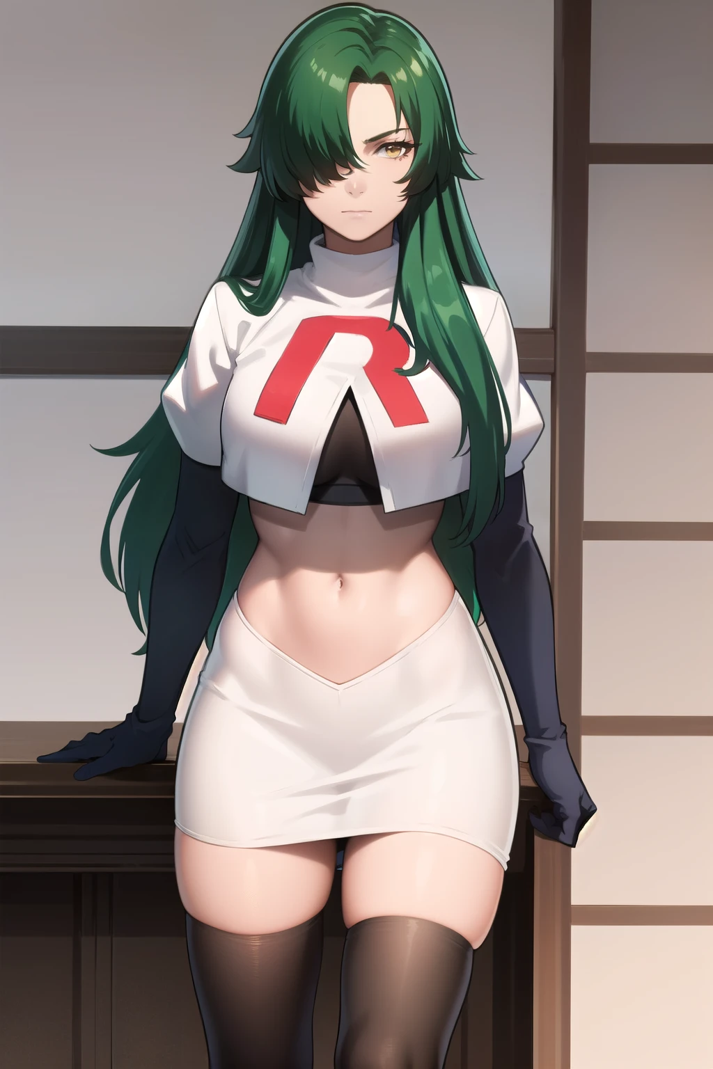 photorealistic, (4k), depth of field, (Masterpiece), (realistic skin texture), extremely detailed, intricate, hyper detailed, professional photography, bokeh, high resolution, sharp detail, best quality, woman, long hair, green hair, yellow eyes, hair covering one eye, team rocket,team rocket uniform,white skirt,red letter R,crop top,black thigh-highs,black elbow gloves, muscular female,