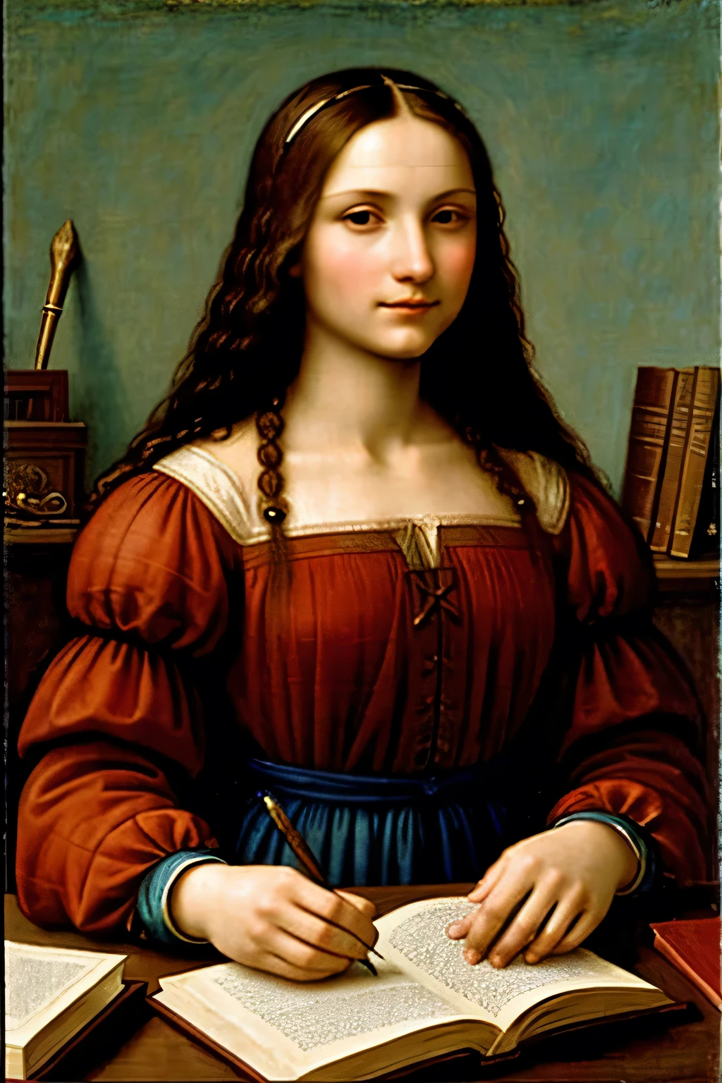 I paint two Leonardo da Vinci characters, man and womanbackground a room with a table and many books, a perfect physical man and a woman with a closed book