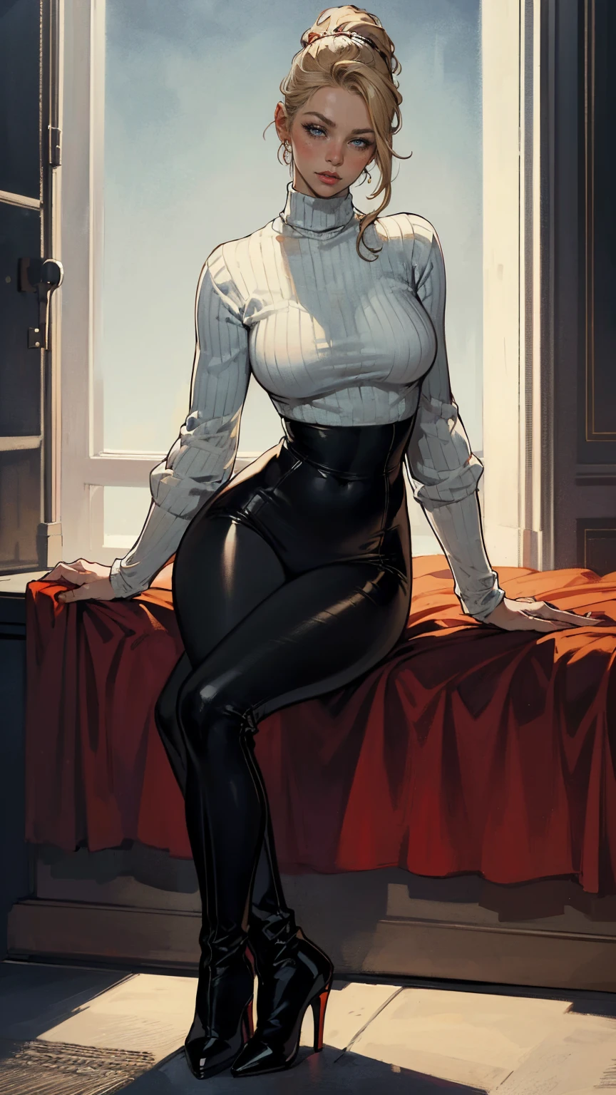 (Best quality, 4K, high resolution, masterpiece:1.2), ultra-detailed, realistic (photo-realistic:1.37), 40 years old, Russian woman, Matriarch of the Russian Mafia Gang, ambitious, elegance, calm, charming, intimidate, (blonde hair, power high ponytail hairstyle), perfect lash, perfect makeup, sun-tan skin, expressive blue eyes, wine lips, mature woman charms, seductive allure, perfect hourglass body shape, long toned legs, flat abs, perfectly round E cup breasts, very Tall, slim, with peachy hips, ((Wearing Long Sleeve Turtleneck sweater with matching black pants)), ((long lacquer high heel Boots)), Background featuring luxurious penthouse.