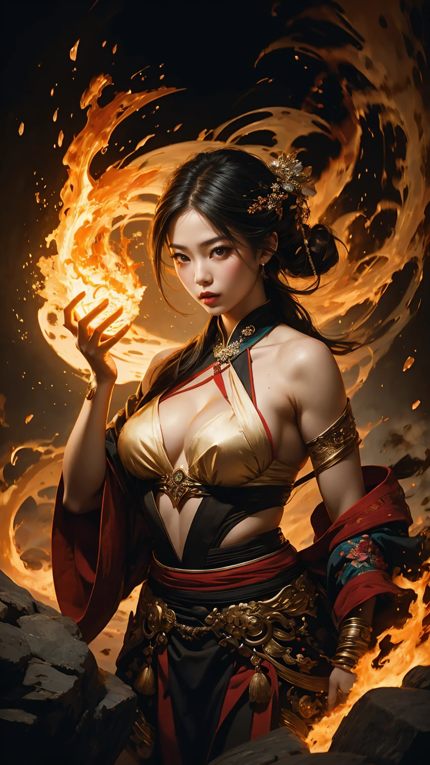 The Goddess of fire, asian woman, (best quality, high resolution, extreme detail, outstanding composition, masterpiece:1.4), red and cyan colors