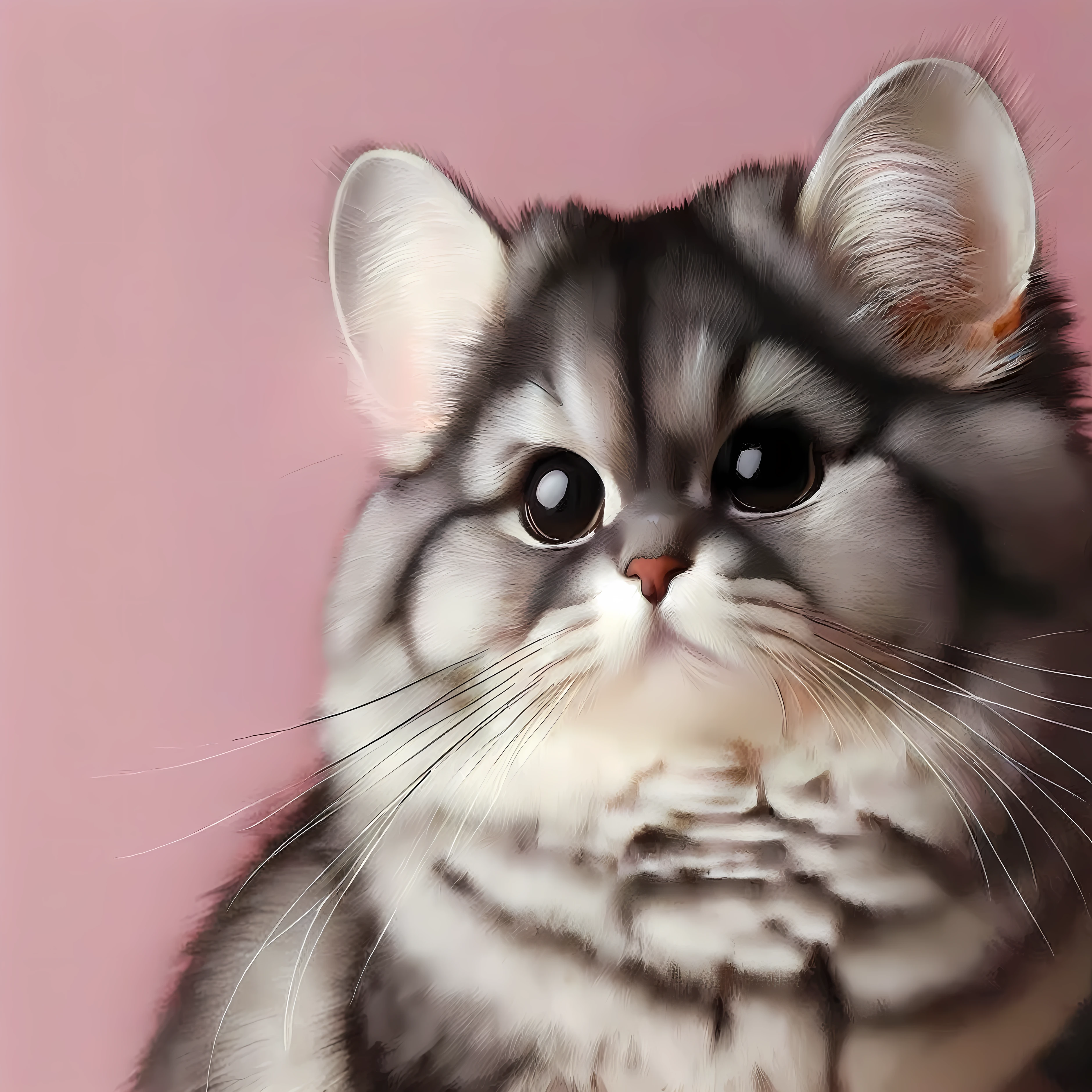 there is a Cat that is sitting on a pink surface, adorable Digital Painting, Cute and detailed digital art, Cat. Digital Painting, Cute digital art, hybrid of mouse and Cat, realistic anime Cat, anthropomorphic Cat, Ultra-realistic illustrations, fat chibi grey Cat, cute Cat, Ultra-realistic illustrations, anthropomorphic female Cat, kawaii Cat, a cute Cat